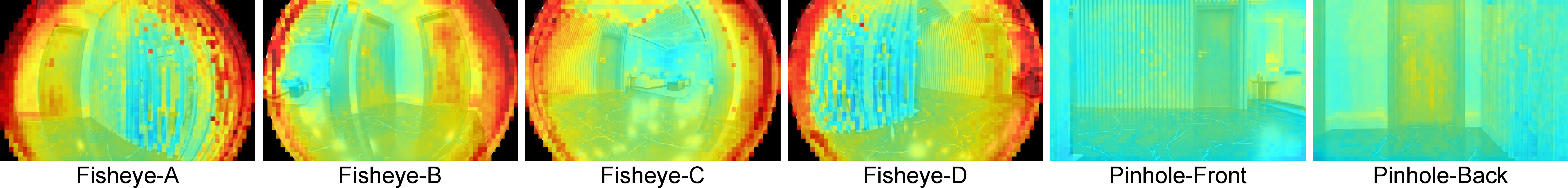 Figure 8: Visualization of the bias-correction magnitude from \mathbf{B} in 4 . Fisheye views require larger corrections in highly distorted boundary regions, while pinhole views show smoother and more spatially uniform corrections, reflecting their approximately linear projection, which does not require rapid spatial changes in the correction field.
