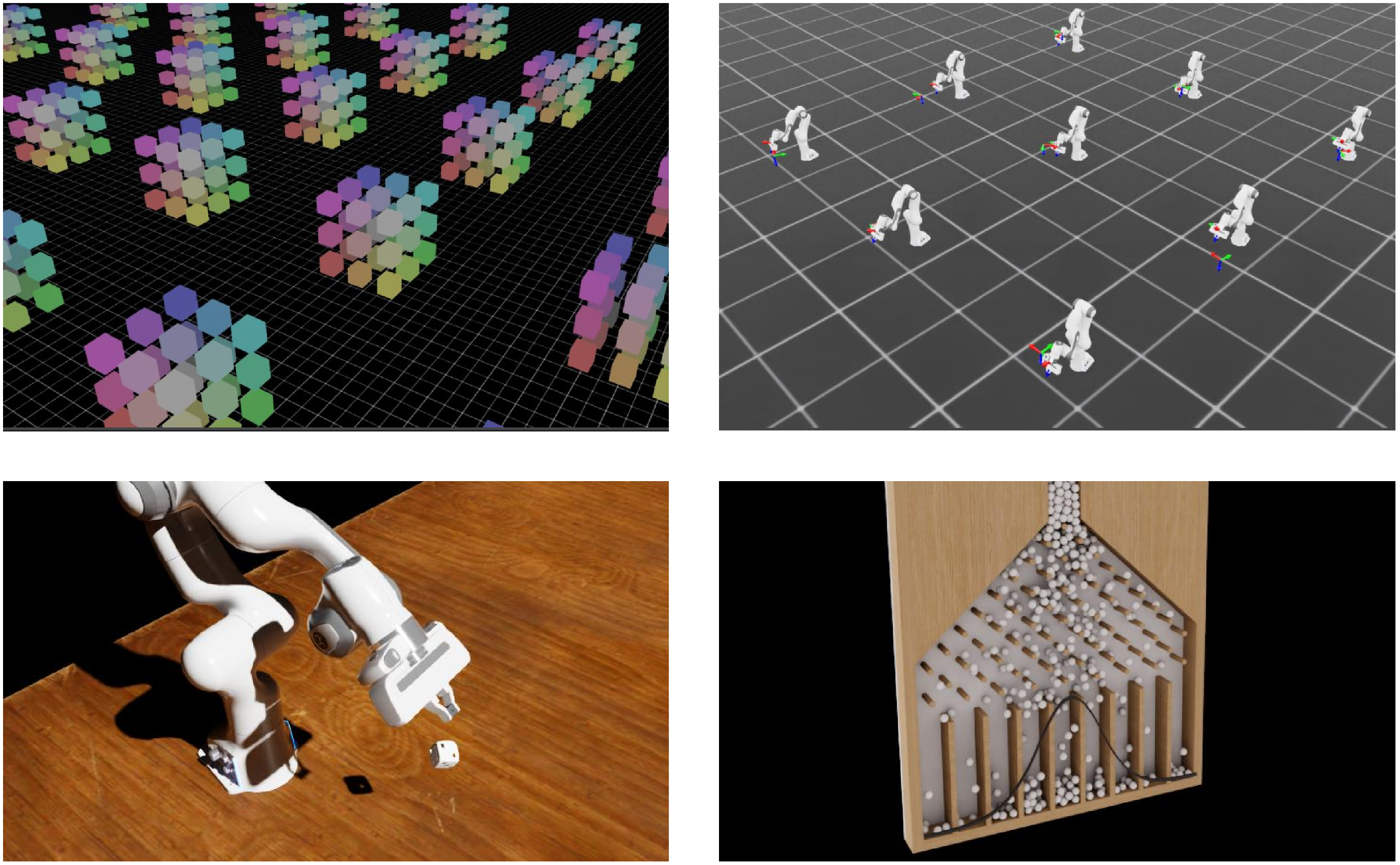 Figure 2: Benchmark scenes used to stress parallel physics stepping: (up left) a 3\times3\times3 cube stack released for free fall and ground impacts, and (up right) a Franka Panda manipulator driven by random actions. Additional real-to-sim distribution experiments, including dice-drop joint pose distribution and Gaussian ball-drop distribution setups, are omitted here due to space constraints and will be released on the project website.
