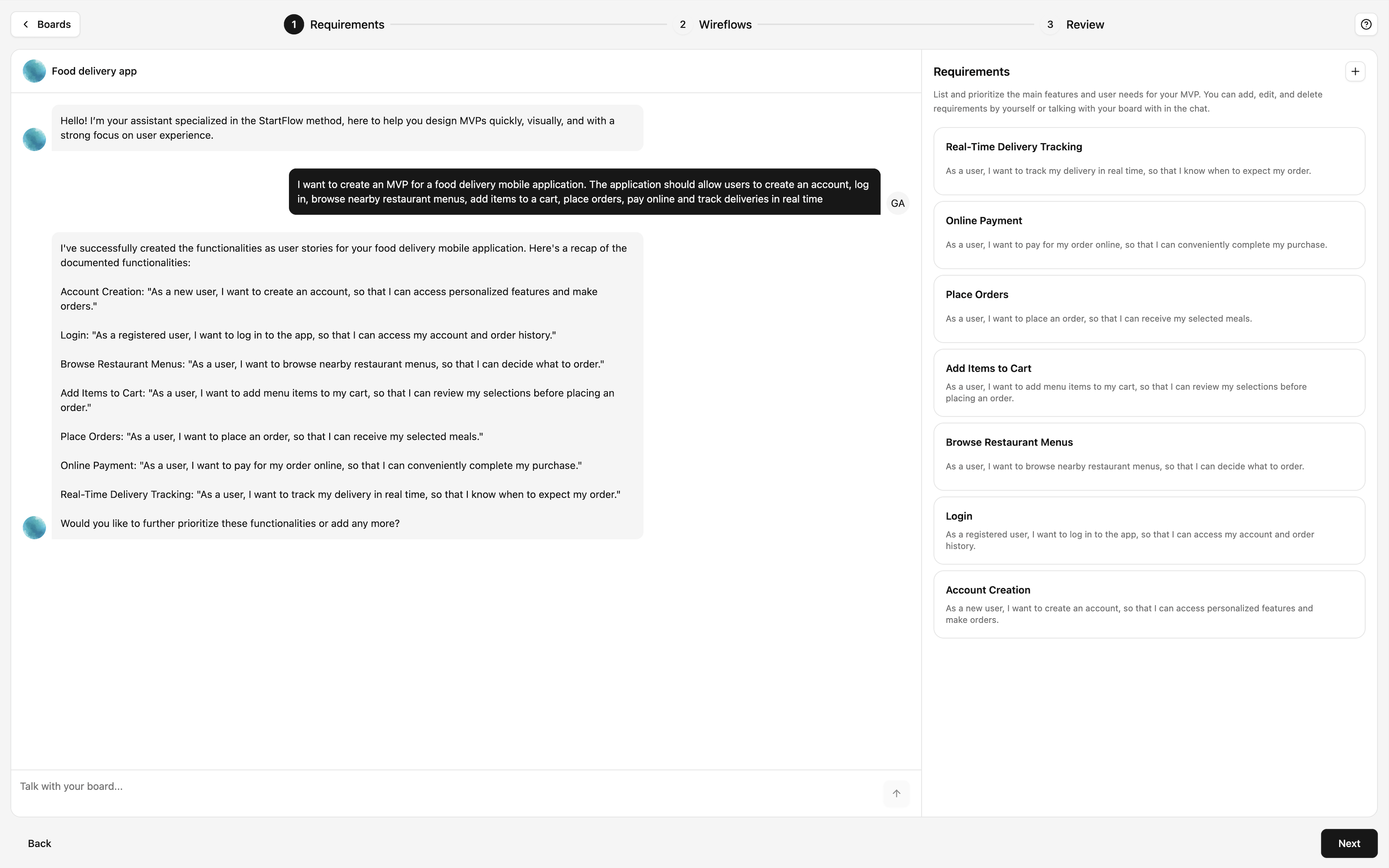 Figure 4: Interaction with the conversational agent and requirements structuring.