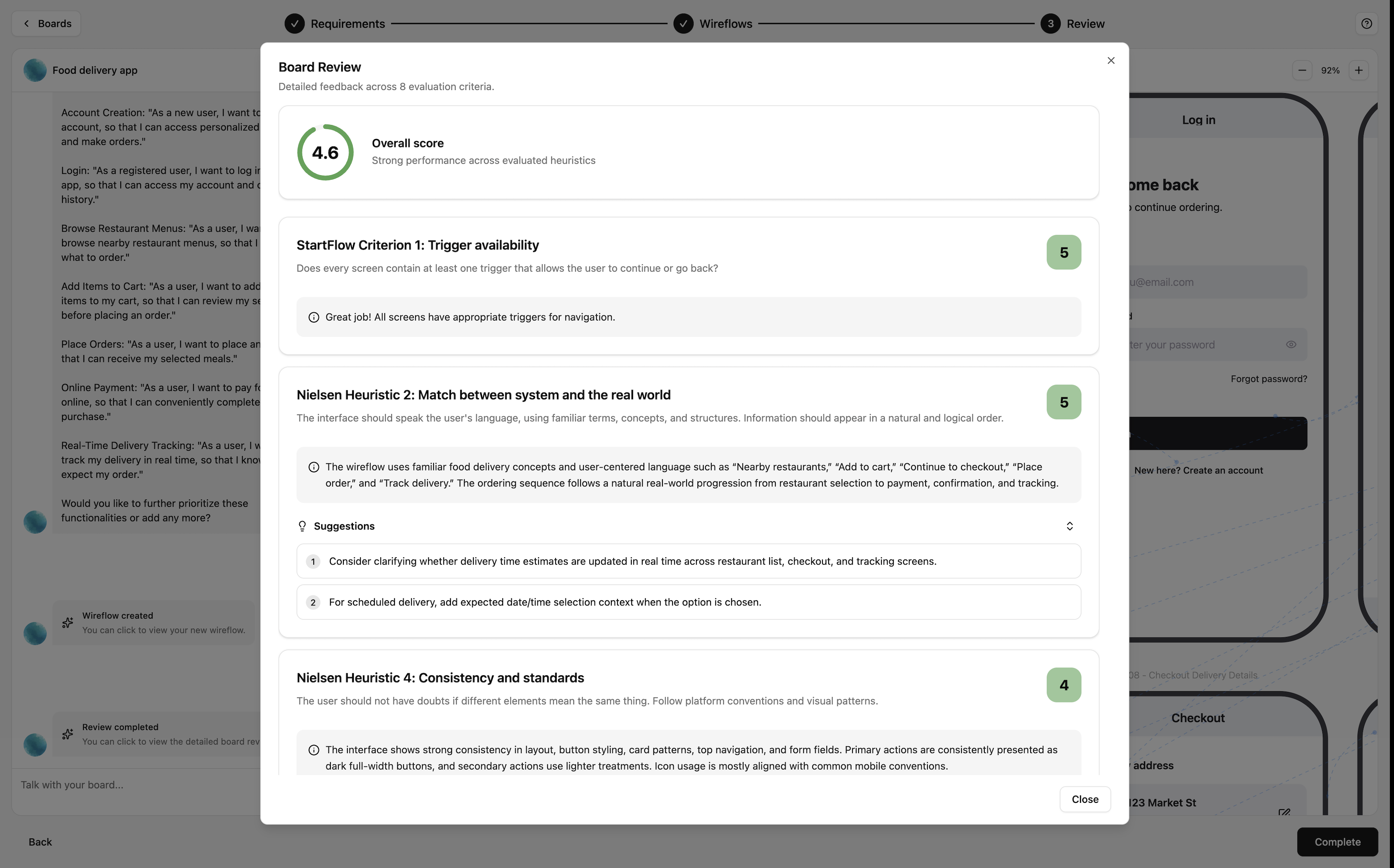 Figure 8: Automatic UX review panel with scores and improvement suggestions.