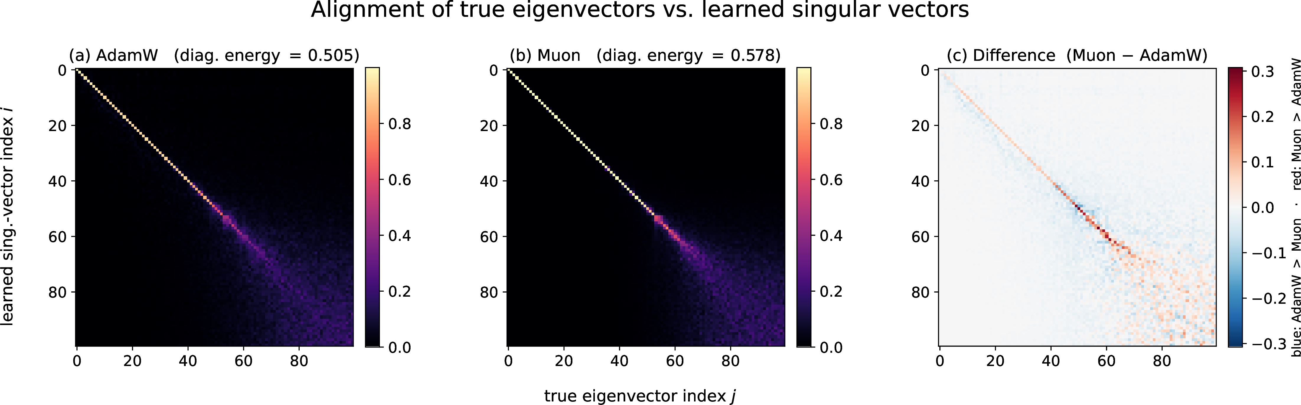 Figure 4: Spectral subspace recovery (Gaussian-kernel target K\in\mathbb{R}^{100\times100}, full rank k{=}100, tuned LR, 12 inits). Alignment M_{ij}=\lvert\langle u_i, e_j\rangle\rvert (Eq. 15 ) between learned singular vectors and true eigenvectors of K. (a) AdamW and (b) Muon both recover the top eigenvectors, diverging in the near-degenerate mid-band. (c) The difference isolates it: AdamW holds a tighter ordered diagonal (blue), Muon disperses onto neighbours (red) — lower diagonal energy (0.586 vs.0.643).