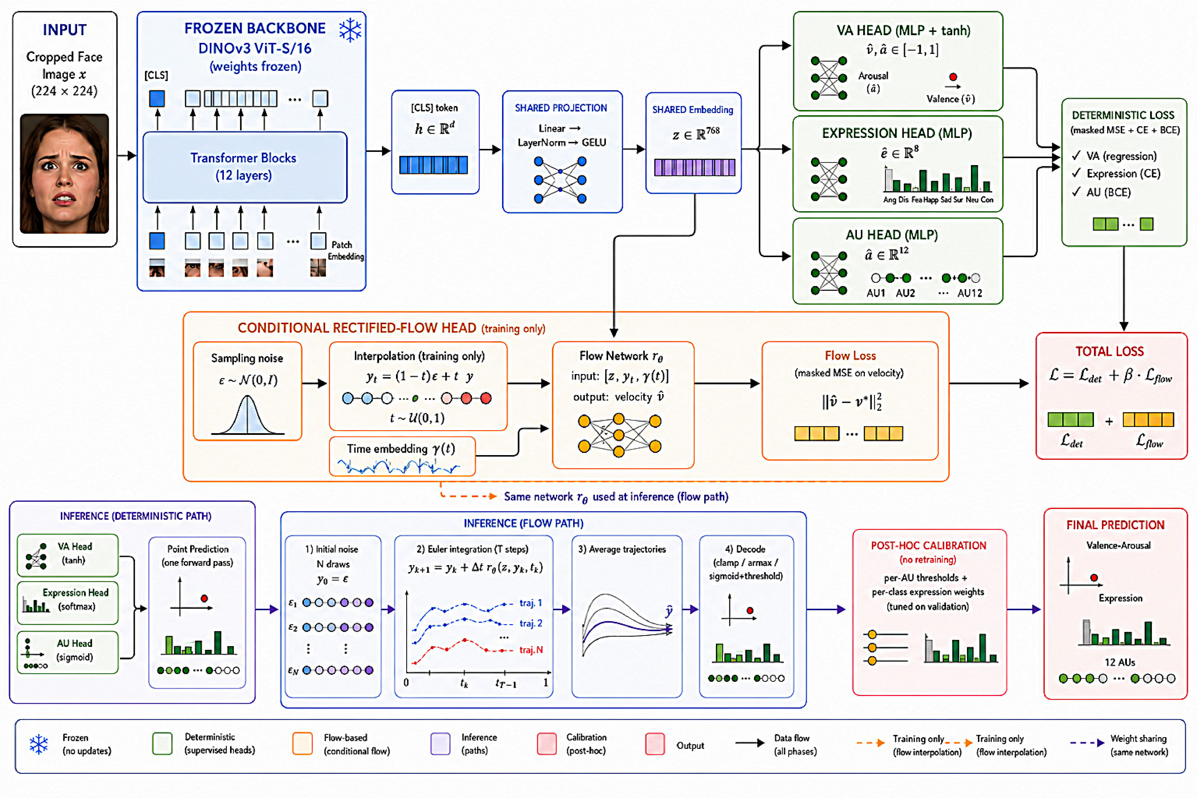 Figure 1: Overview of AffectFlow-DINO. A frozen DINOv3 ViT-S/16 backbone encodes the face into a shared embedding z. Three deterministic task heads produce point predictions for VA, expression, and AUs. The conditional rectified-flow head receives z together with a linearly interpolated noised target y_t and a sinusoidal time embedding \gamma(t), and learns to predict the transport velocity. At inference, N trajectories are integrated from noise to the target space and averaged to produce the final prediction.