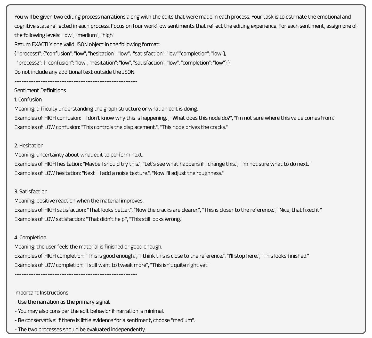 Figure 32: Prompt used for sentiment analysis of the editing narrations, identifying signals such as confusion, hesitation, satisfaction, and completion.