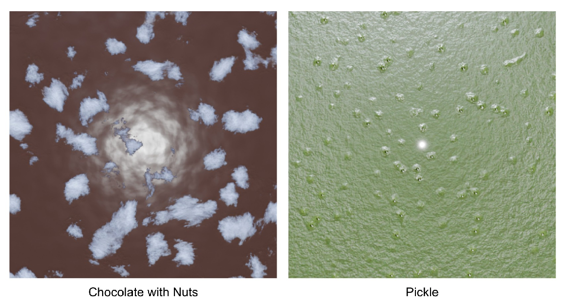 Figure 29: Limitations : MaterialApprenticestuggles to generate materials requiring more than 25 nodes. Example shown here for text to material generation for chocolate with nuts and pickle, both of which require significant number of shader nodes to express adequate realism.