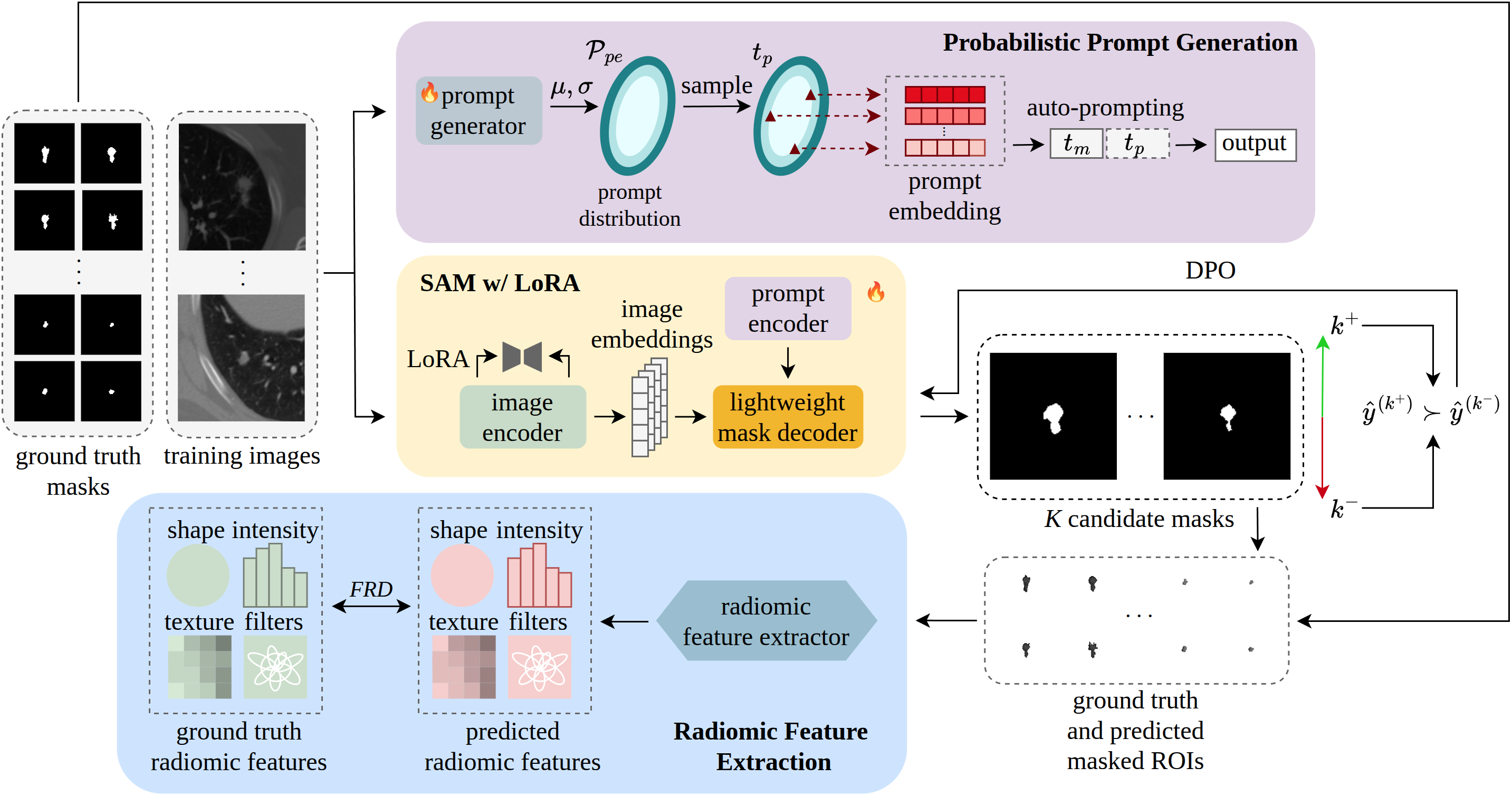 Figure 1: Overview of the proposed SARFA framework. A probabilistic prompt generator produces diverse prompt embeddings that enable LoRA-adapted SAM to generate K candidate segmentation masks for each input image. Masked regions from both ground truth and predicted candidates are passed through a radiomic feature extraction pipeline, and their similarity is quantified using FRD. The radiomic distances are used to rank masks, defining preferred and rejected candidates for our DPO loss, which encourages anatomically and texturally consistent medical image segmentation.