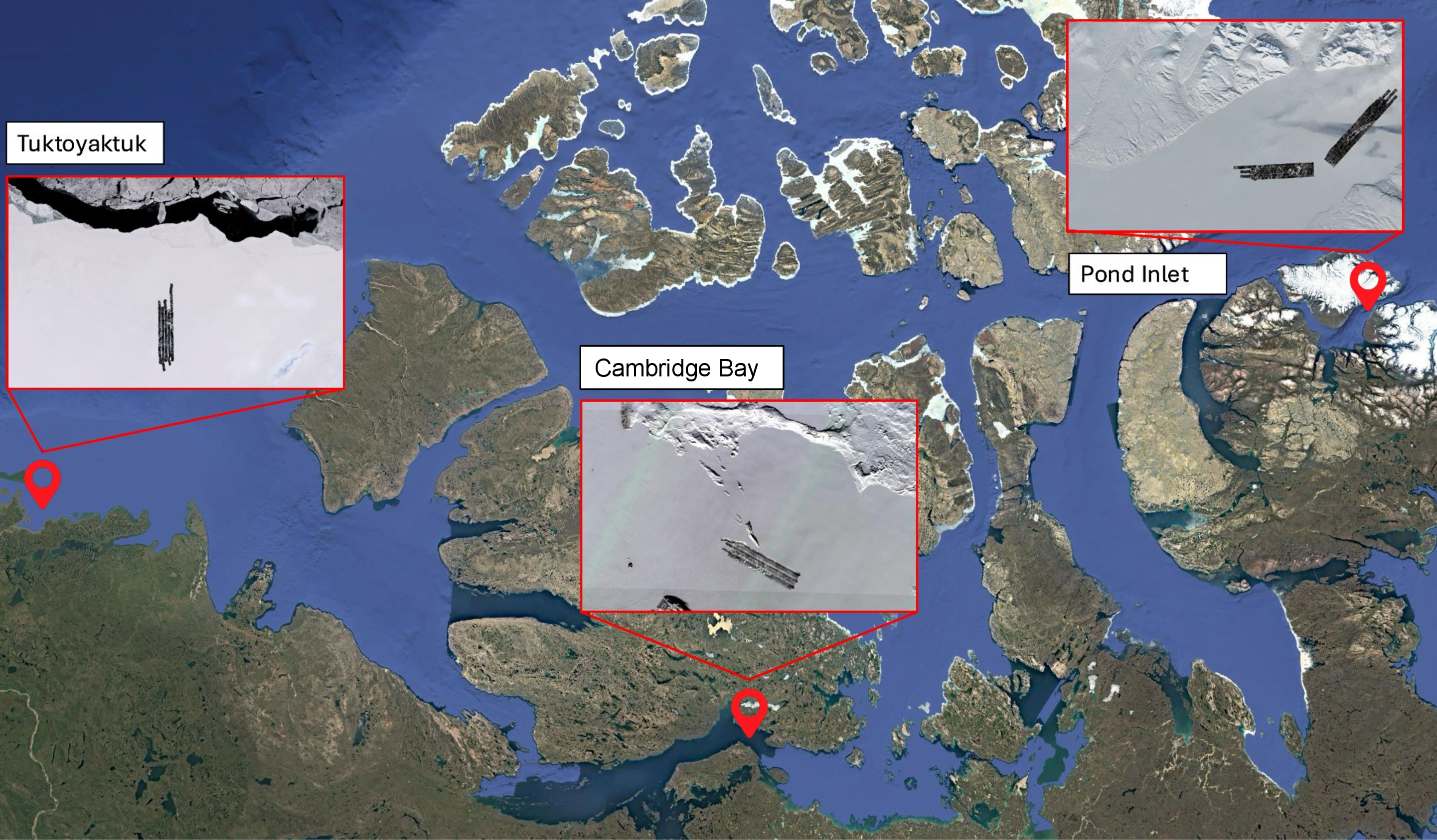Figure 1: Geographic locations of data collection regions in Northern Canada: Tuktoyaktuk, Cambridge Bay, and Pond Inlet. LiDAR swaths collected from airborne surveys are overlaid on Sentinel-2 satellite views captured in April 2024.