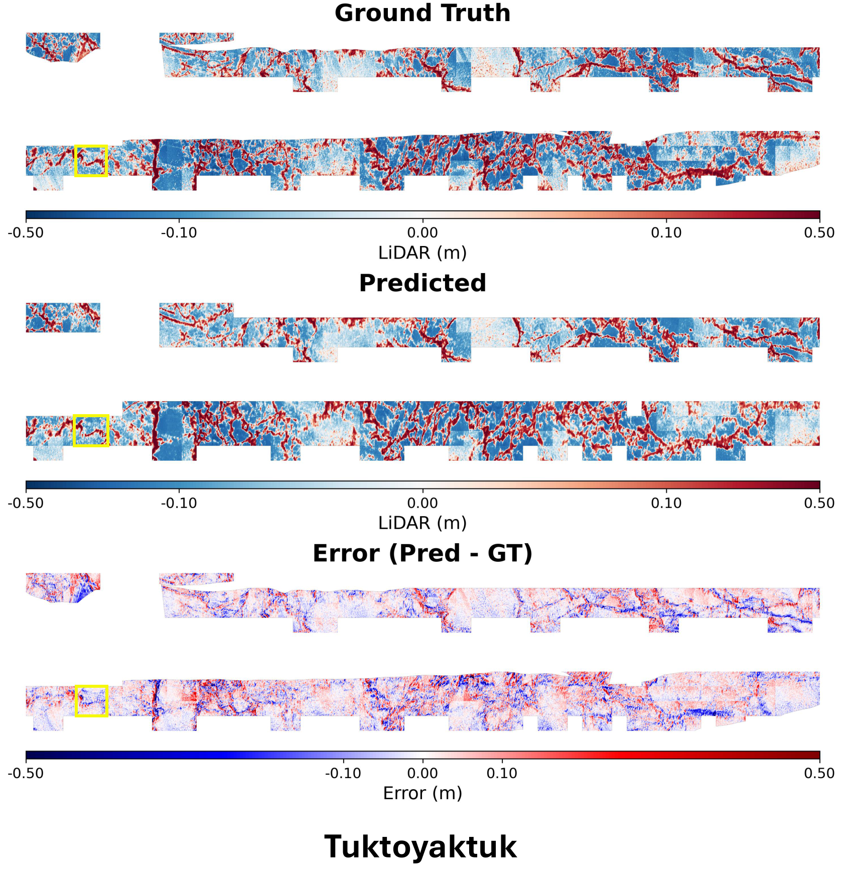 Figure 4: Regional reconstruction for Tuktoyaktuk. Patches are represented in locally demeaned space and mosaicked into a regional representation. This figure illustrates the continuous regional reconstruction specifically for the Tuktoyaktuk region; the corresponding regional mosaics for Pond Inlet and Cambridge Bay are provided in Supplementary Figs. S1 and S2. The yellow bounding box denotes the specific individual patch selected for detailed morphological and statistical analysis in Fig. 5.