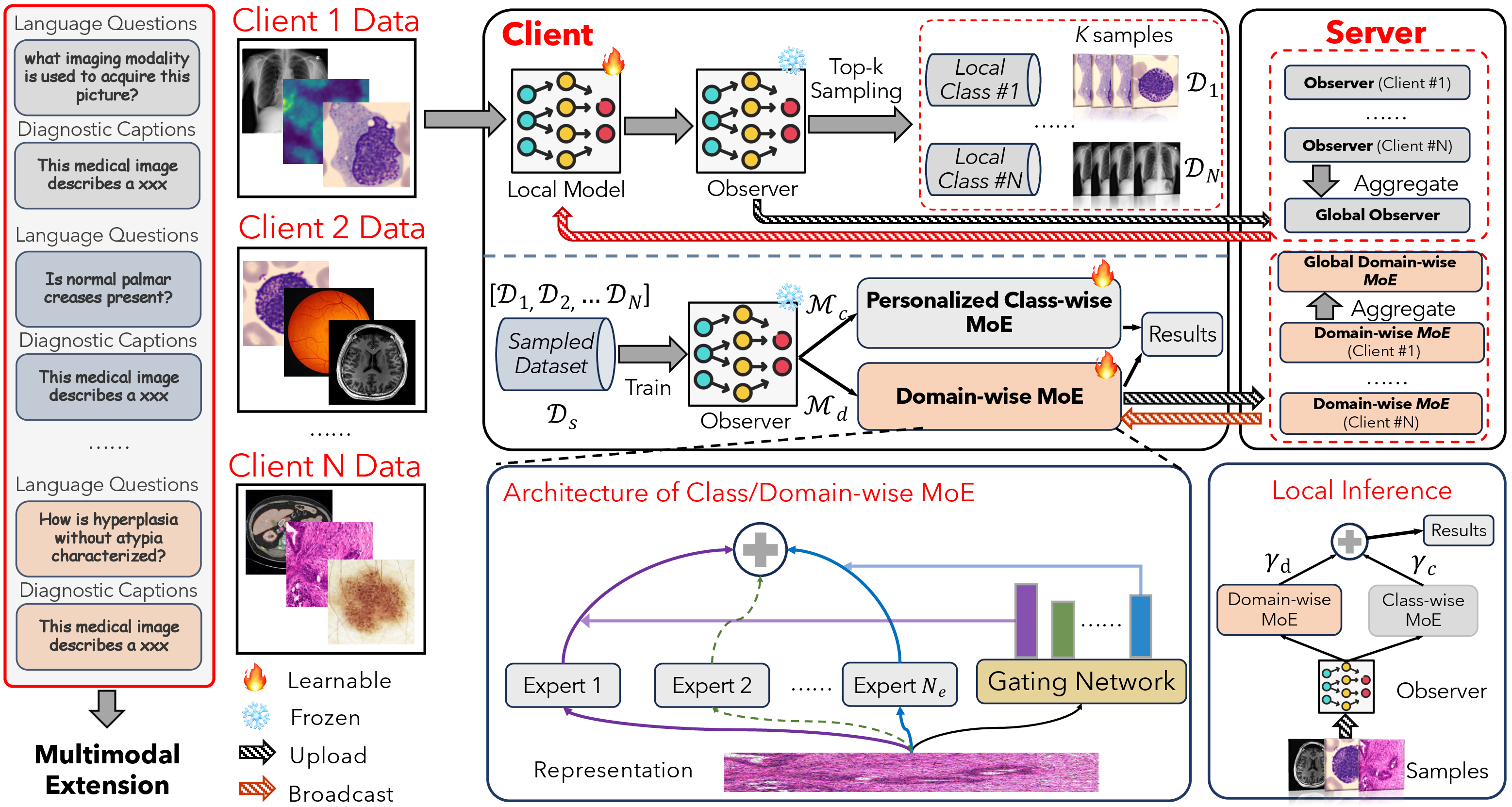 Figure 1: FM^2 (single-client view). Observer extracts representative samples for training dual MoE modules. Domain-wise MoE is globally aggregated; Class-wise MoE remains local. Text inputs (diagnostic captions for CEL; questions for VQA) are processed by a local text encoder and fused with MoE-enhanced visual features, enabling all downstream tasks within a single protocol.