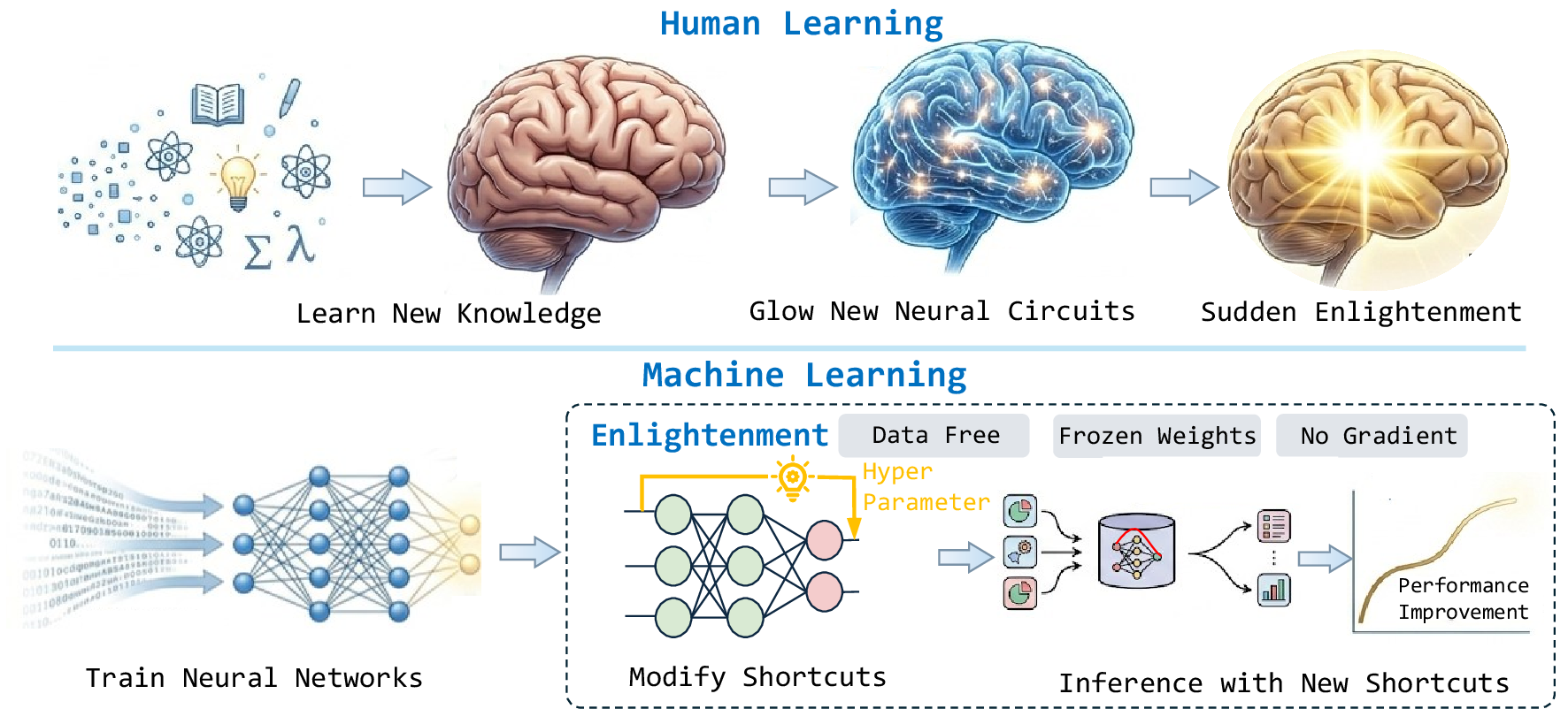 Figure 1: The overall concept of Enlightenment. Just as sudden comprehension arises from the formation of new neuronal connections in the human brain, we modify shortcuts within pre-trained models, enabling them to self-improve during inference without additional post-training.