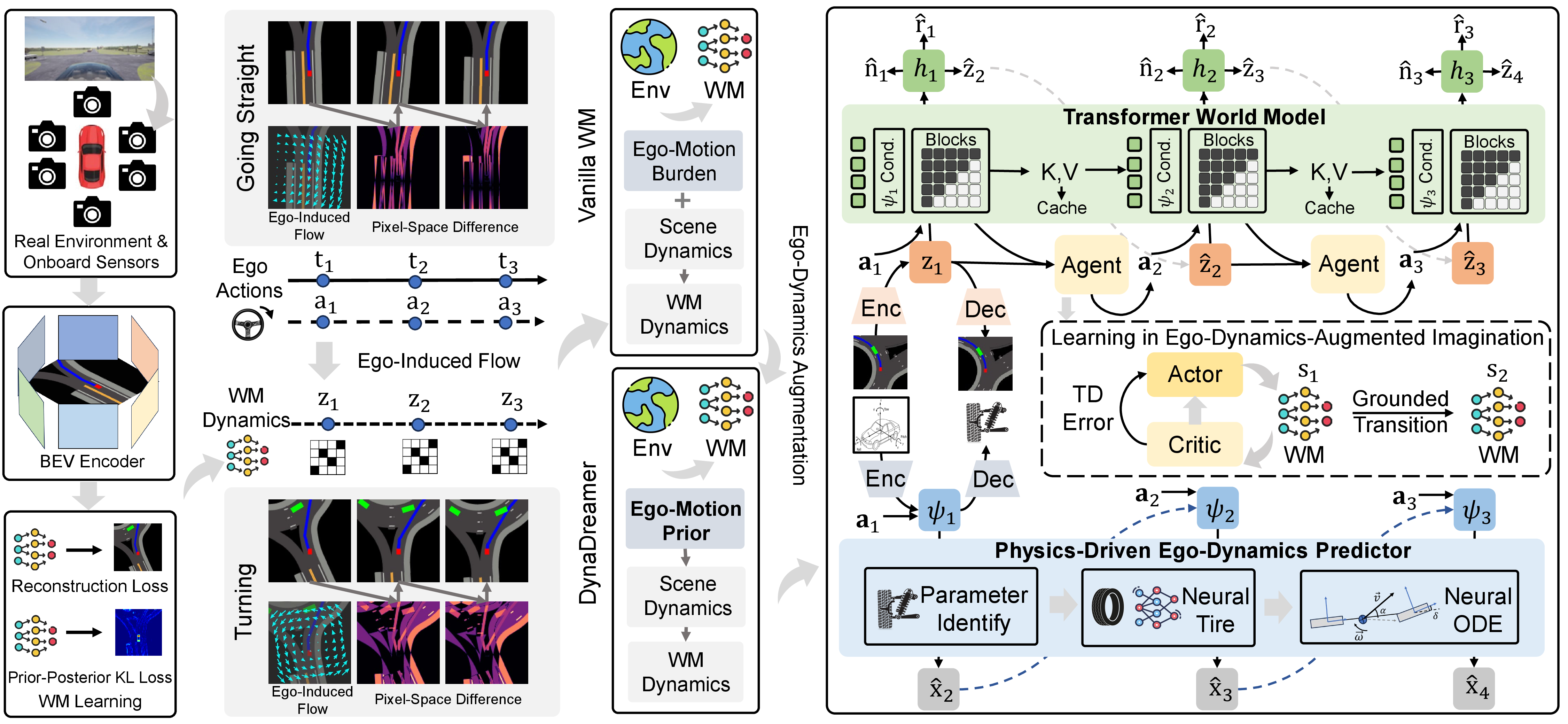 Figure 1: Overview of DynaDreamer. In egocentric BEV WMs, the ego vehicle’s motion induces a dominant flow field across the observation, inflating both the reconstruction loss and the prior–posterior KL divergence. DynaDreamer replaces this implicit ego-motion burden with an explicit ego-motion prior grounded in identifiable chassis physics, confining the WM to the scene dynamics beyond ego-motion. A physics-informed neural-ODE encoder-decoder extracts the ego-dynamics context \boldsymbol{\psi}_t, which conditions the Transformer WM via AdaLN modulation and is propagated through imagination via a modulated KV cache.
