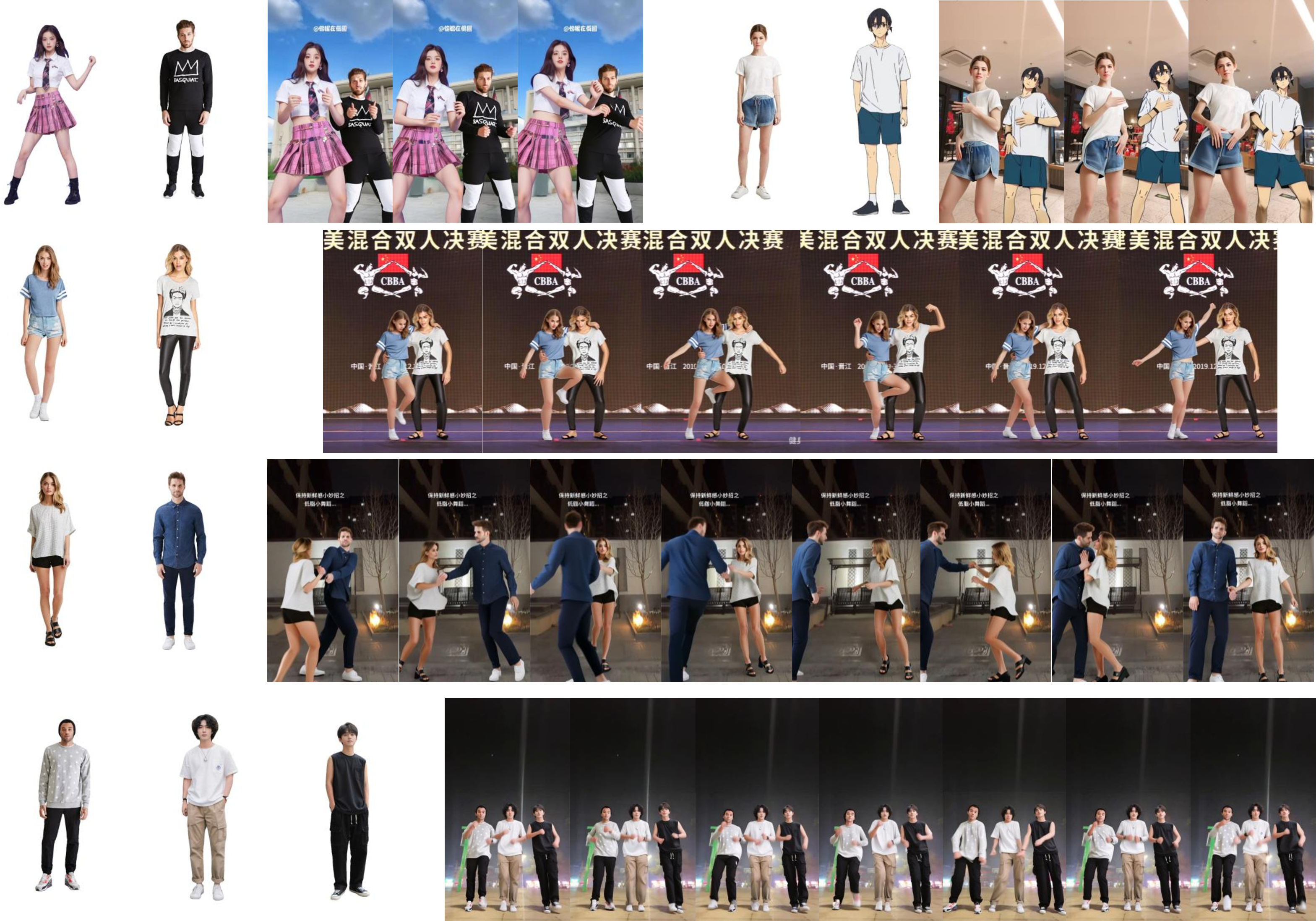 Figure 1: Performance of MultiAnimate. Our framework demonstrates successful multi-character animation across diverse scenarios, including dual-character scenarios (first row), complex spatial interactions (second row), maintains identity consistency during position interchange operations (third row), and multiple character scenarios (last row).
