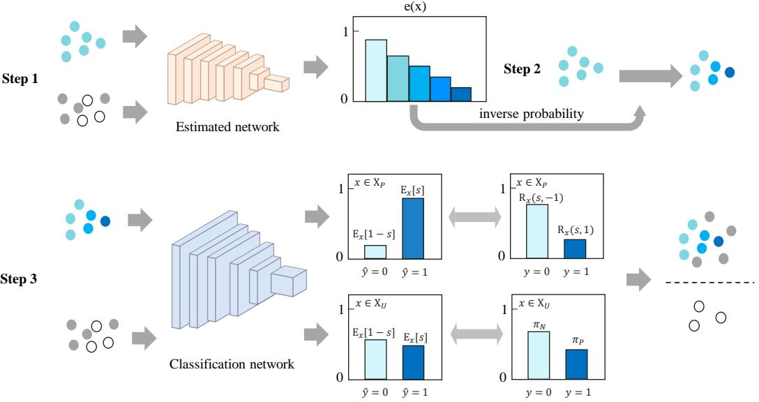 Figure 2: Overview of the PUe framework. The goal is to estimate the propensity score of labeled samples and modify sample weights using normalized inverse probability weighting to obtain a loss-function estimator for biased PU learning.