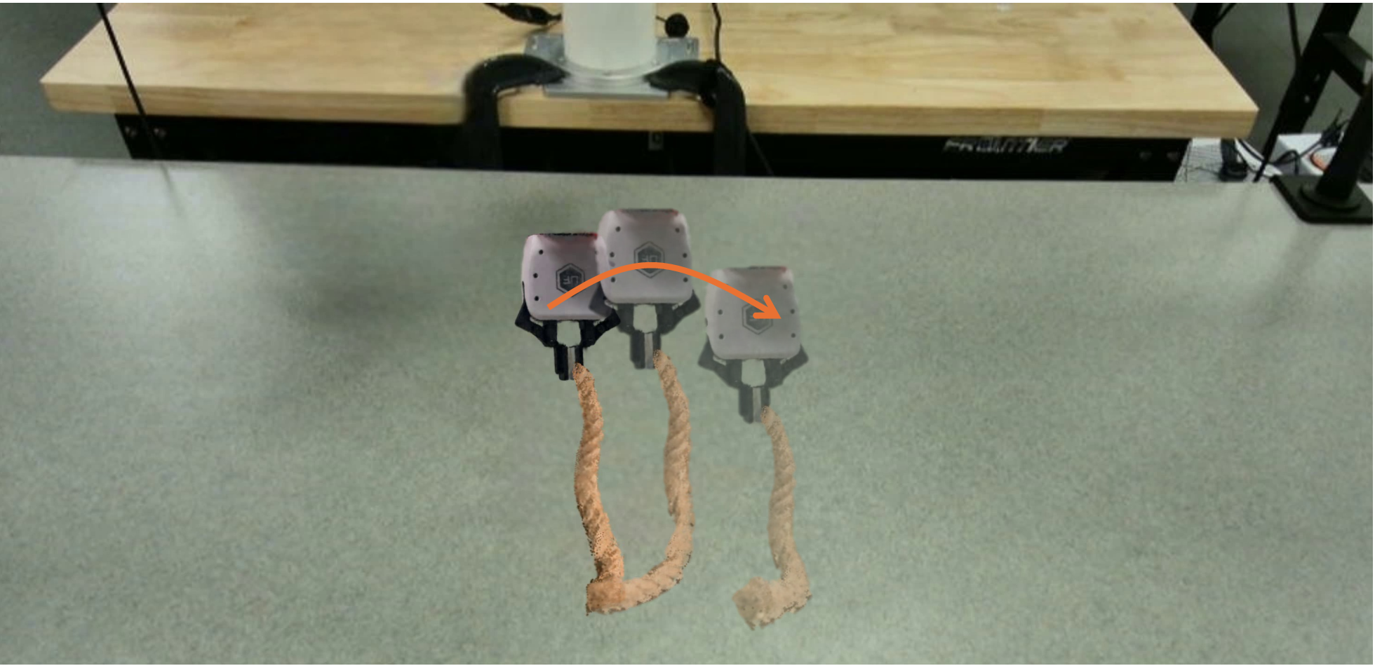 Figure 10: Interactive rope manipulation with PGRD rendered using 3DGS. The visualization overlays three timesteps, with later configurations in lighter opacity. As PGRD predicts the dynamics, the 3D Gaussians attached to the particles are updated to render images that maintain visual consistency.