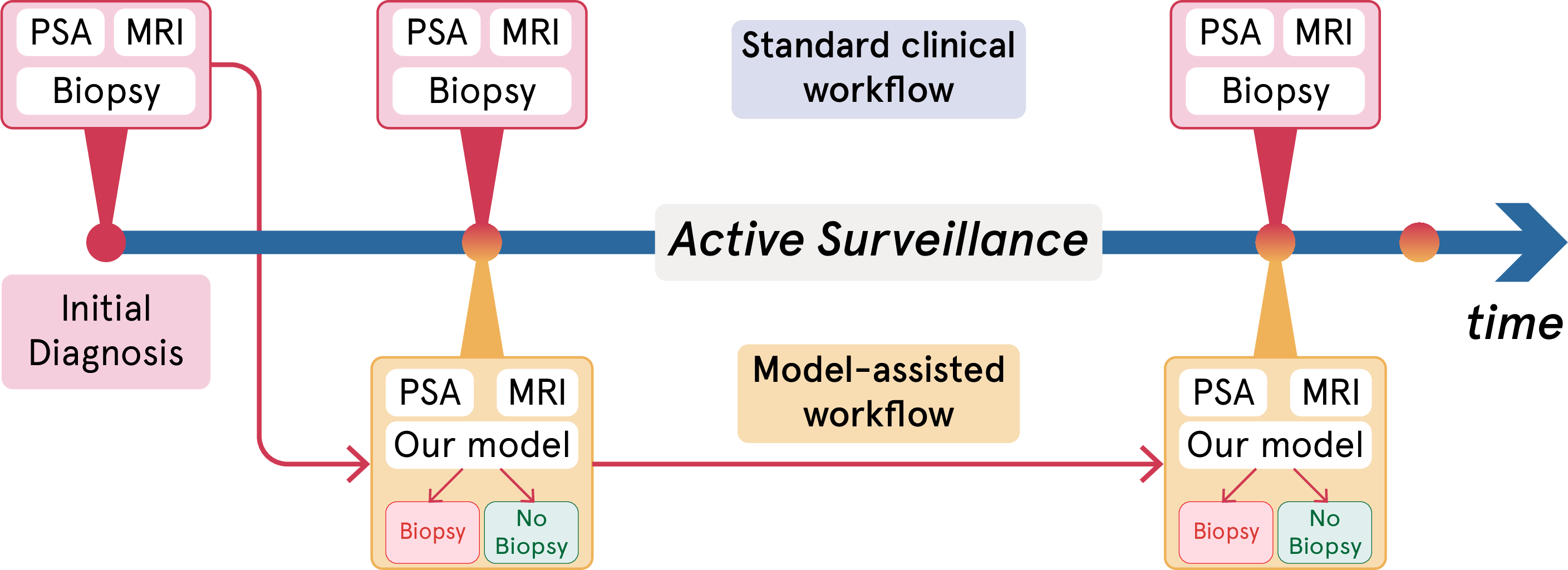 Figure 1: Standard AS monitoring workflow (top) versus the model-assisted workflow (bottom). In the standard protocol, all AS patients undergo scheduled repeat biopsy. The proposed model jointly analyzes baseline and follow-up bp-MRI scans with clinical variables to generate a patient-level risk score, enabling personalized biopsy decisions.