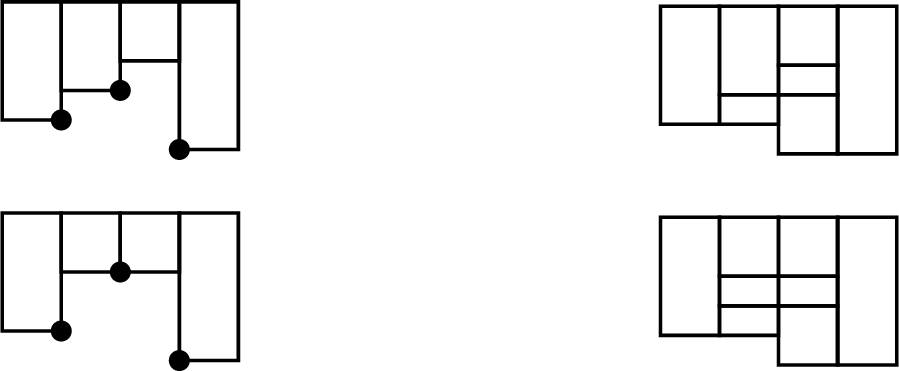 Figure 10: Local configuration illustrating how new hanging nodes can arise when extending \omega_h'({\boldsymbol{z}}) (left) to \omega_h({\boldsymbol{z}}) (right) for d=2.