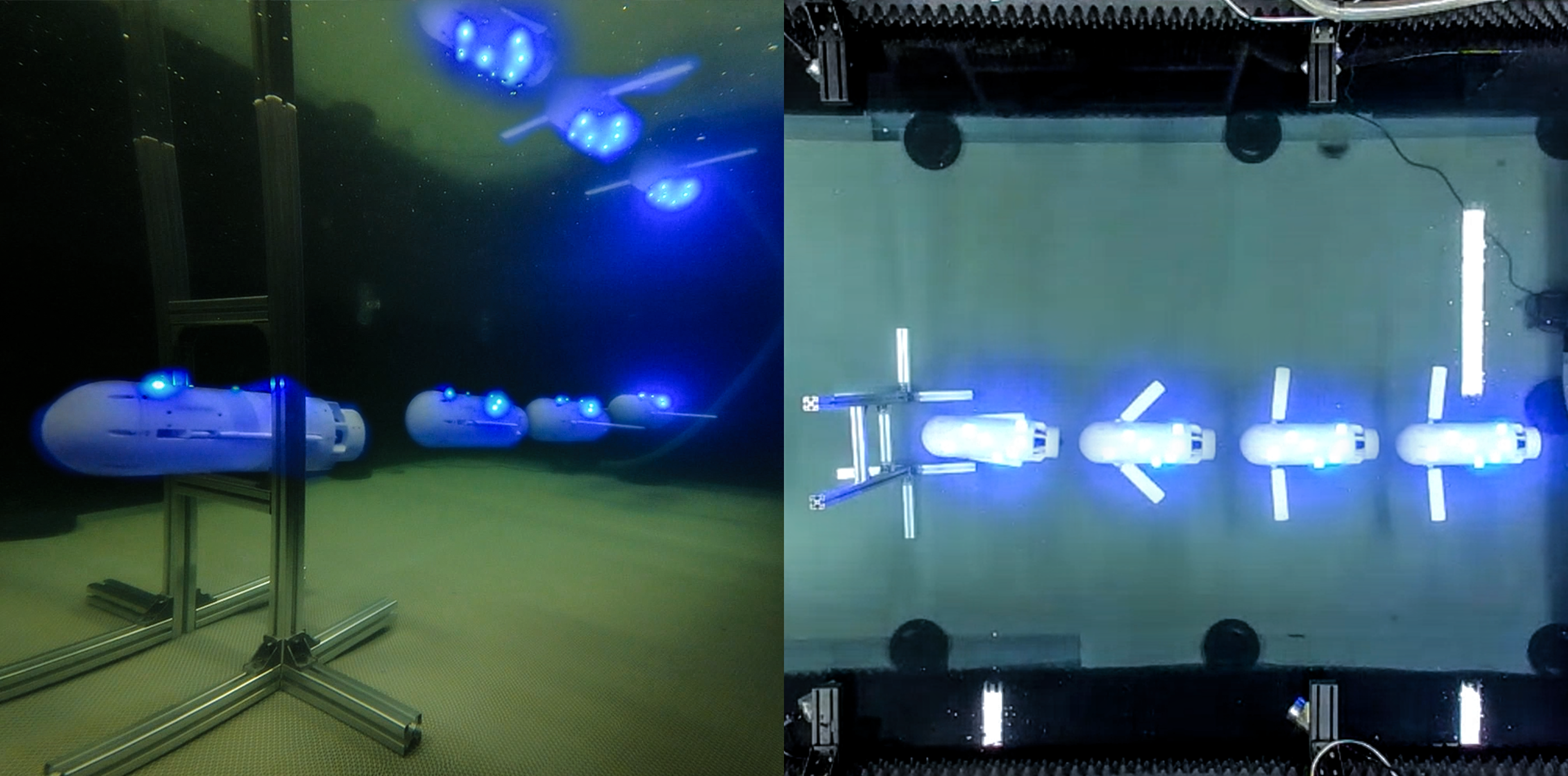 Figure 9: Experimental demonstration of morphing-wing-assisted narrow-gap traversal of FoDeGlider in a confined environment, including underwater and overhead perspectives.