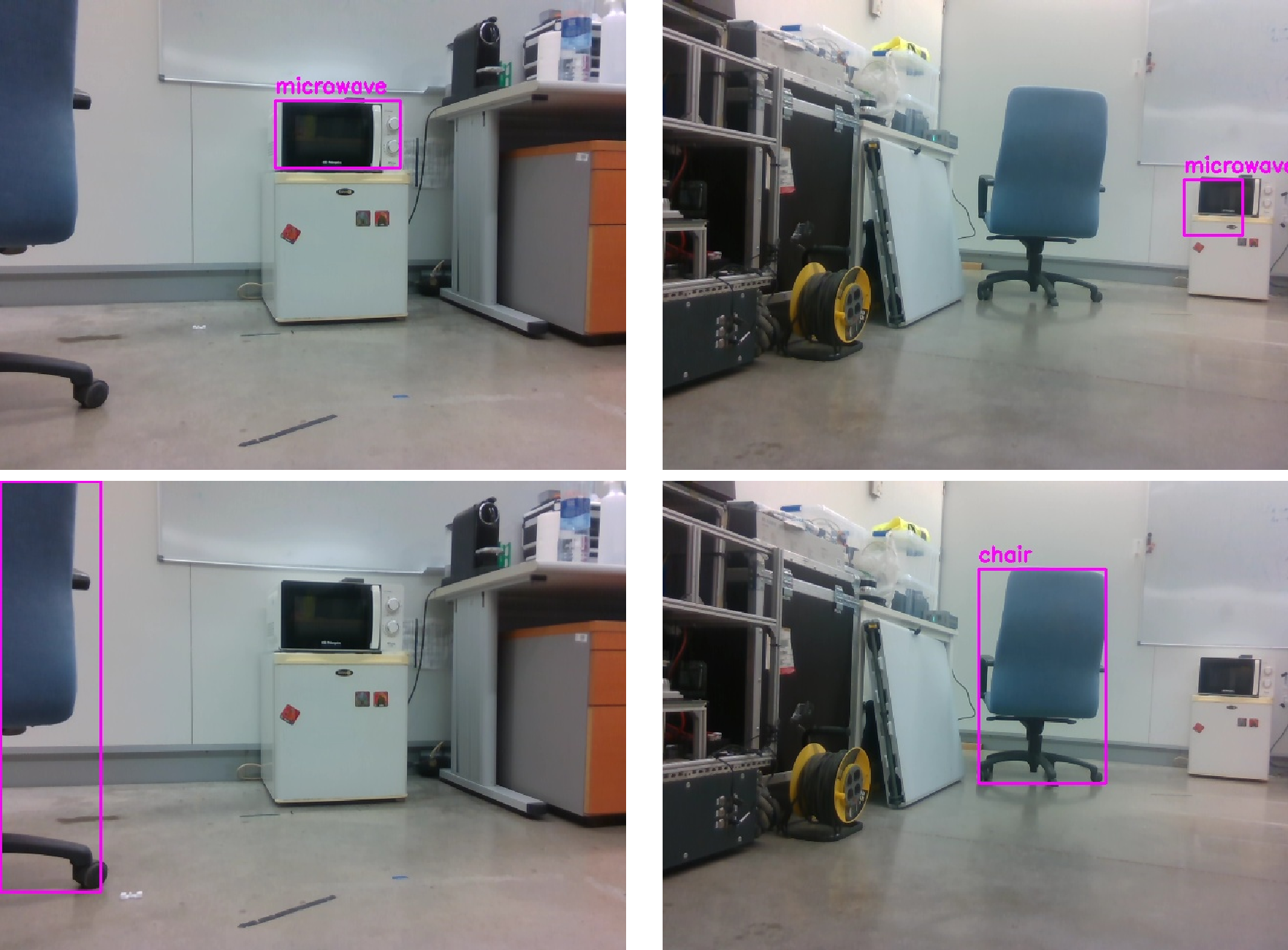 Figure 7: Representative first-person observations obtained during the real-world evaluation. The images show the bounding boxes generated by the VLM for two target categories microwave (top row) and chair (bottom row) observed from different viewpoints. These detections are subsequently used by the Semantic Perception Module to estimate the target position from RGB-D data.