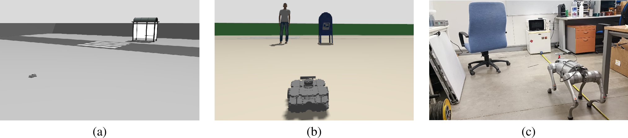 Figure 3: Overview of the experimental scenarios. (a) Experiment 1 evaluates the Semantic Perception Module by estimating navigation goals for a bus stop target in simulation. (b) Experiment 2 evaluates the complete language-driven navigation framework, where the robot must distinguish between different target categories (person and mailbox), identify the intended target, and autonomously navigate towards it. (c) Experiment 3 evaluates the Semantic Perception Module on a real robotic platform using a Unitree Go2 equipped with an Intel RealSense RGB-D camera, validating the transferability of the proposed approach to real-world environments.