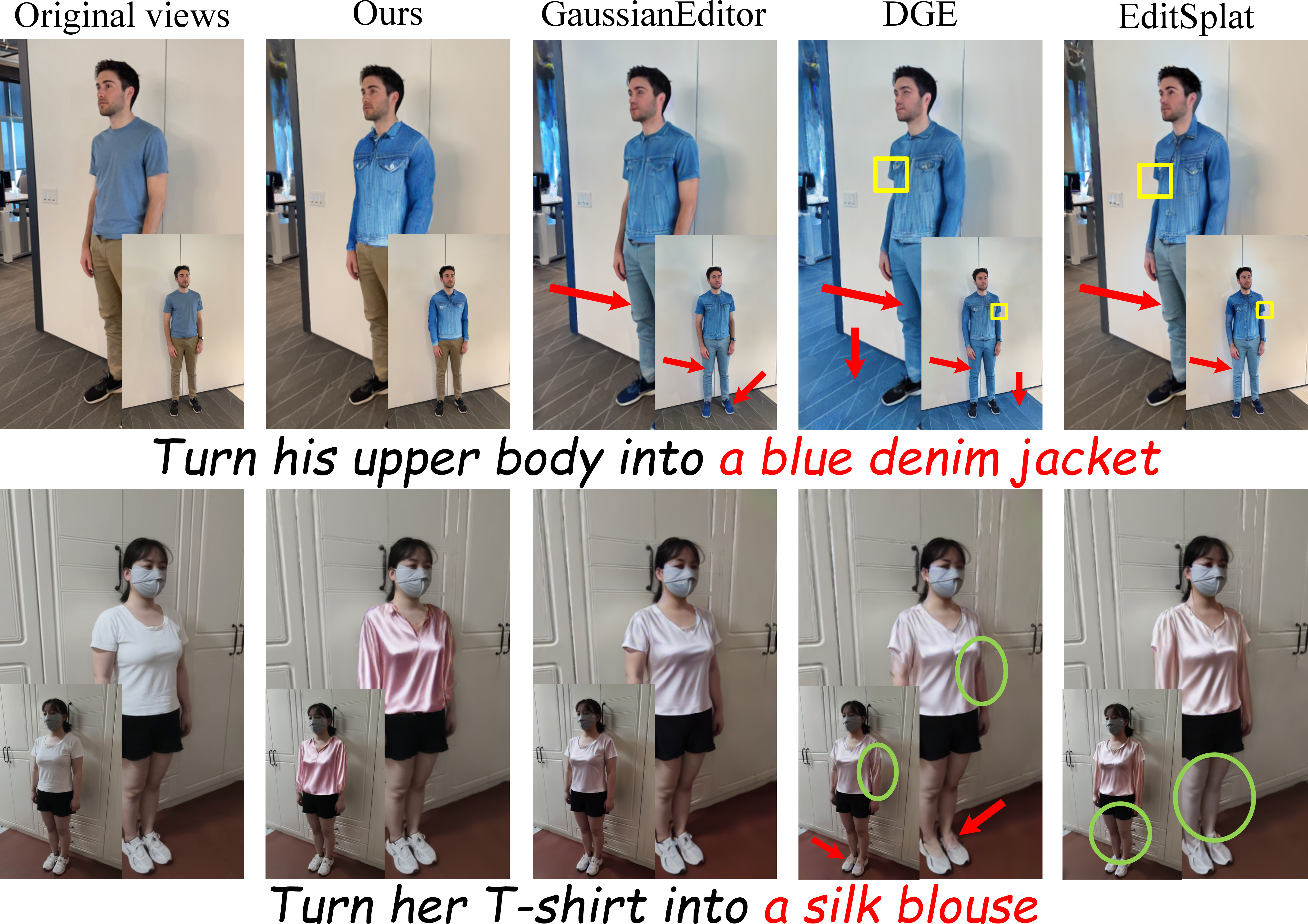Figure 1: In the top row, existing methods alter the background and pants colors (red arrows) while retaining short-sleeve details on the denim jacket (yellow box). In the bottom row, garment inconsistencies appear around the sleeves and shoes (green ellipses).