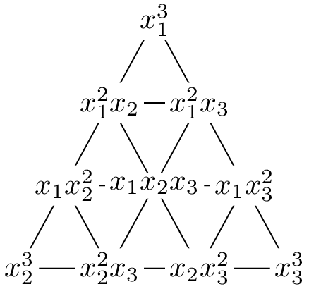 Figure 1: The profile simplex G_3(3) with vertices written as degree-threemonomials; compare [4].