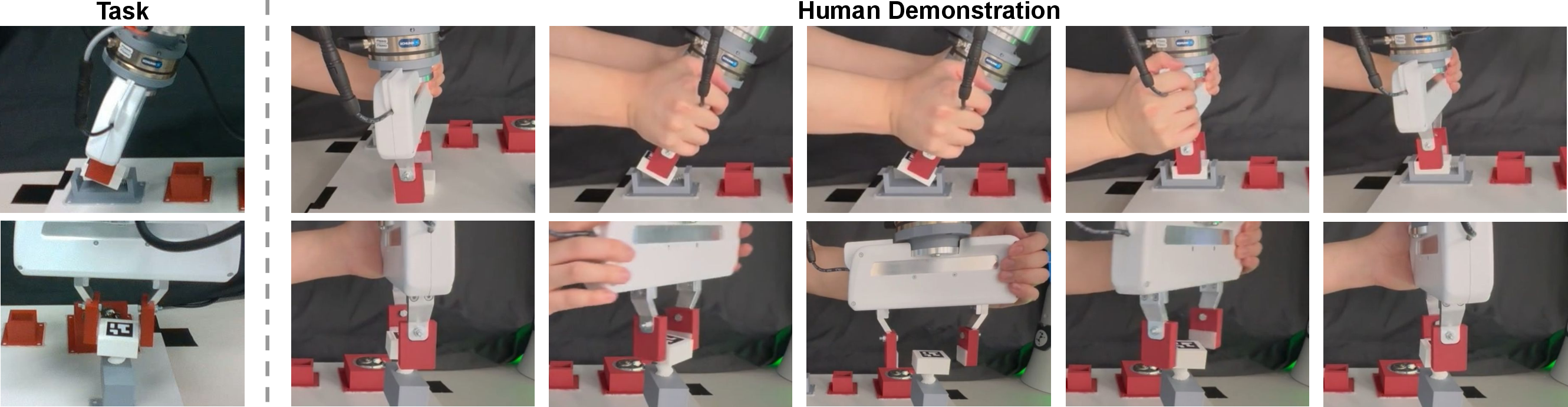 Figure 3: Expert demonstrations for the battery insertion and screw driving tasks. For battery insertion, key states along the full trajectory are shown. For screw driving, one representative cycle of grasp–rotate–release–reorient–regrasp is illustrated.