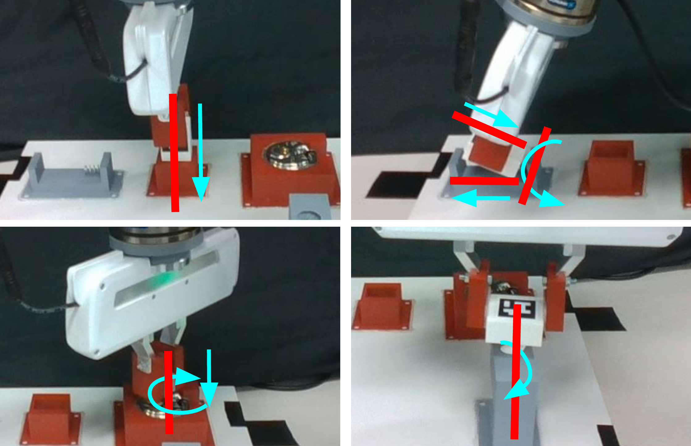 Figure 1: Tackled constrained manipulation tasks: peg insertion, battery insertion, lock opening and screw driving. Each task can be decomposed into sequences of screw motions, with red line indicating screw axis.