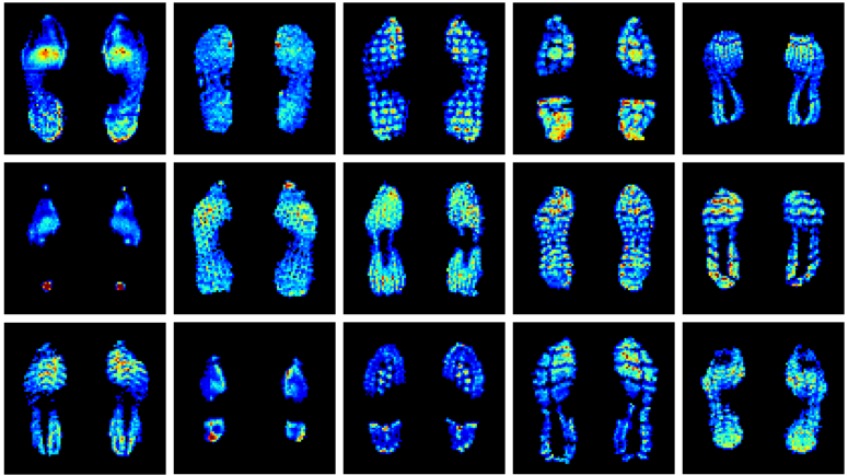 Figure 2: Examples of footstep pairs provided to competitors as labelled reference samples for each of the 15 enrolled users. Note that the strides are shown here as concatenated 2D pressure maps for visualization purposes; the competitors received two separate 3D (time, height, width) tensors for each footstep pair.