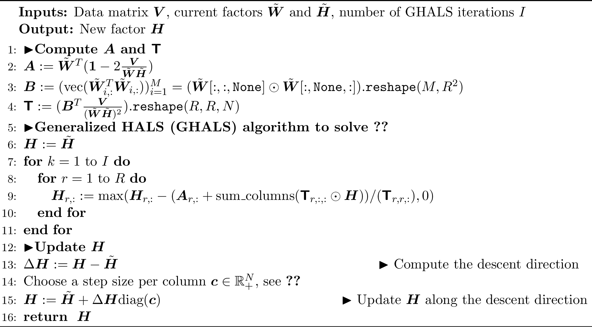 Figure 1: \text{update-KL-HALS}({\boldsymbol{V}},\tilde{{\boldsymbol{W}}},\tilde{{\boldsymbol{H}}},I)