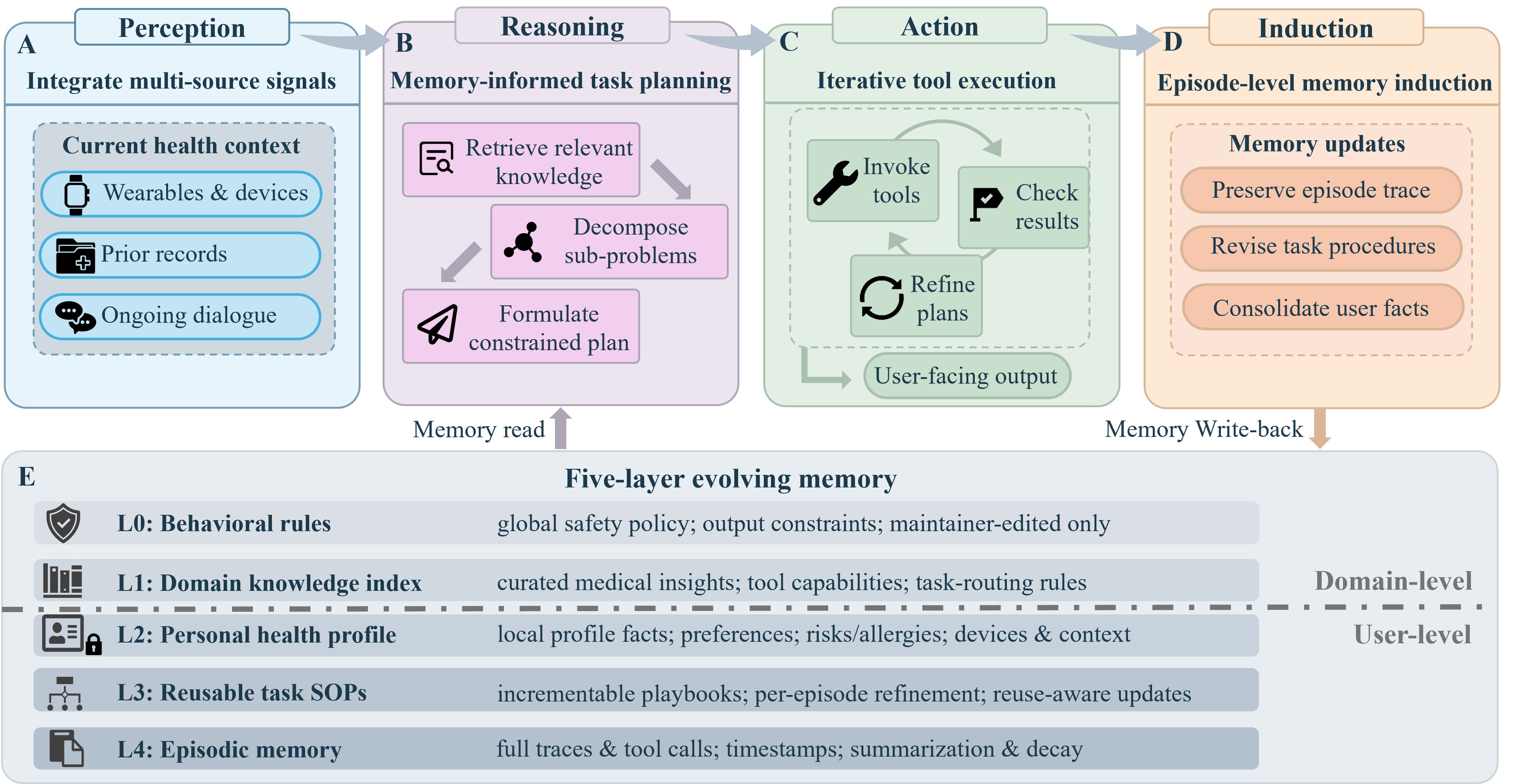 Figure 1: Unified architecture of HealthClaw: closed-loop interaction and five-layer evolving memory. The top row shows the closed interaction loop. A, Perception integrates three input streams (wearables and devices, prior records and ongoing dialogue) into a current health context. B, Reasoning performs memory-informed task planning through knowledge retrieval, sub-problem decomposition and constrained plan formulation. C, Action executes the plan iteratively through tool invocation, intermediate-result checking and plan refinement, producing user-facing outputs. D, Induction operates after each episode to determine what should be carried forward by consolidating user facts, revising reusable task procedures and preserving episode traces. The bottom panel, E, shows the five-layer evolving memory. L0 (behavioural rules) and L1 (domain knowledge index) are shared domain-level layers, whereas L2 (privacy-critical personal profile), L3 (reusable task standard operating procedures, SOPs) and L4 (episodic memory) are personalized user-level layers. In this design, L2 stores sensitive profile information locally rather than exposing raw identifiable memory payloads during retrieval. Memory read supports planning in B, and memory writeback from D updates the user-level layers after each completed episode, enabling longitudinal personalization through incremental accumulation rather than one-shot responses.