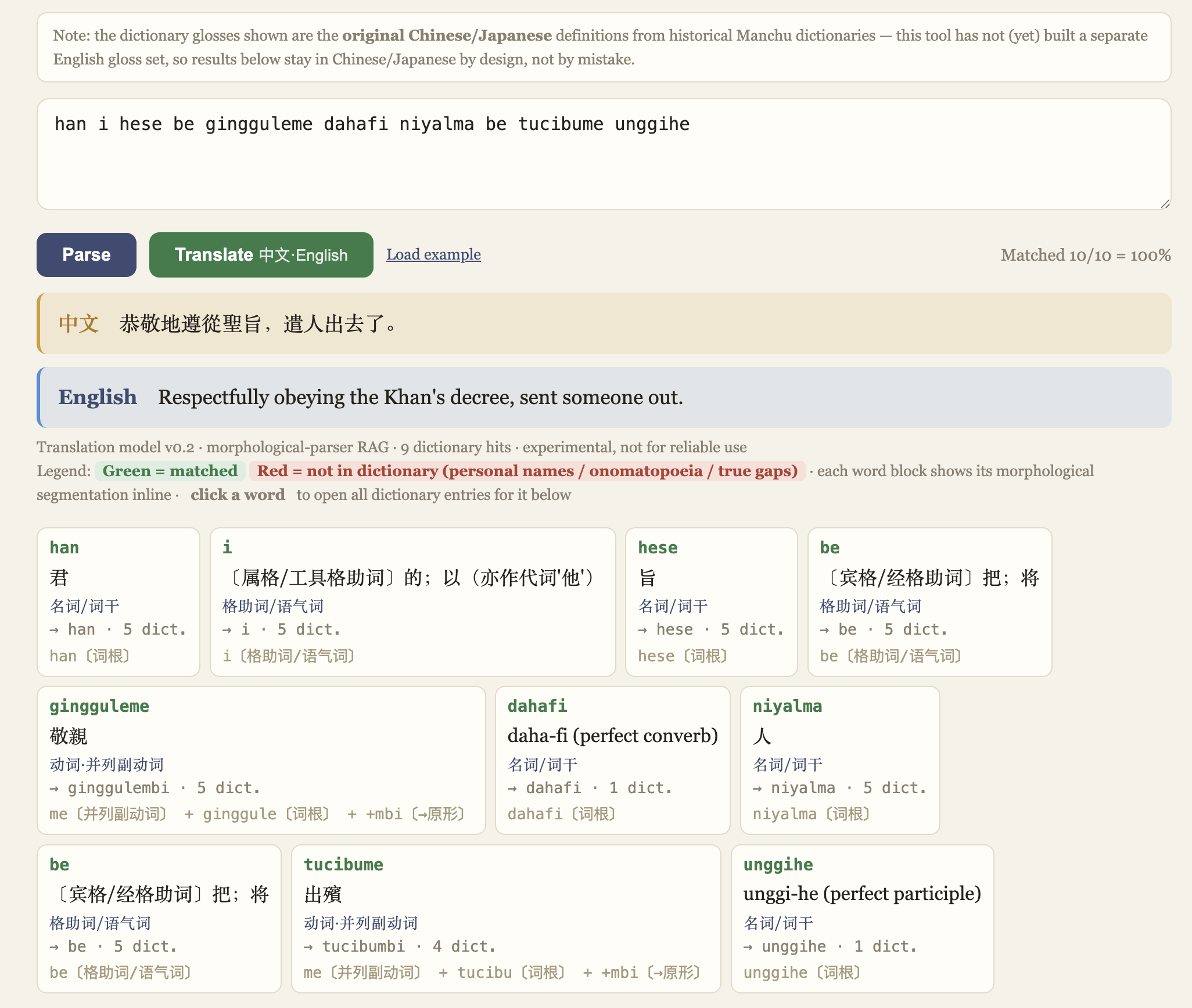 Figure 6: Example output from the public Manchu-language assistance parser. The interface shows parsing, Chinese translation, an experimental English translation, dictionary hits, and inline morphological segmentation for one sentence. The displayed “10/10” match is an interface example, not an independent accuracy evaluation.