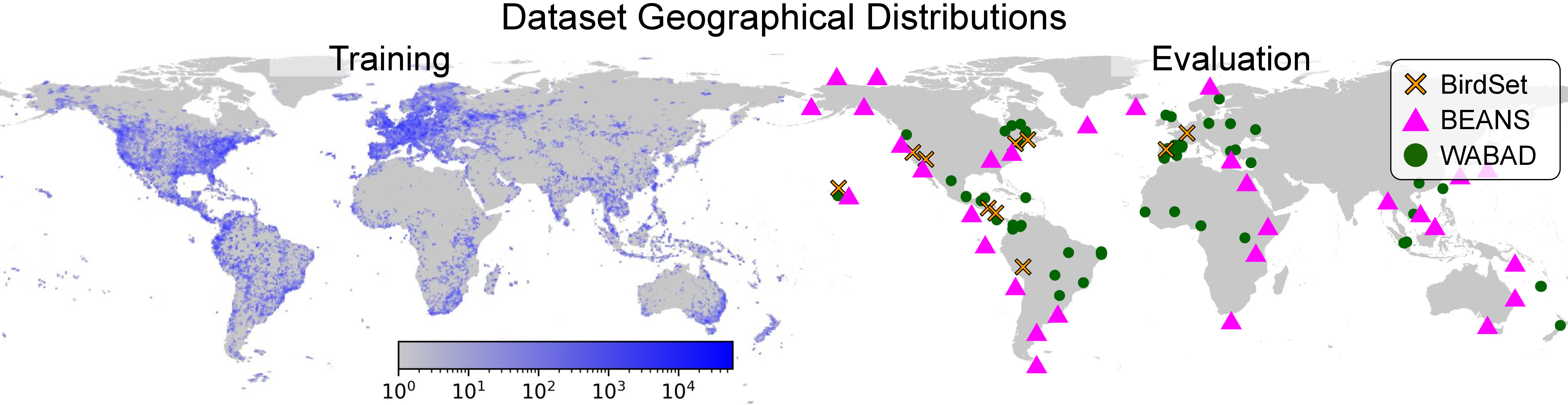Figure 2: Dataset statistics. Geographical distribution of the training (log scale) and evaluation (rough locations) datasets.