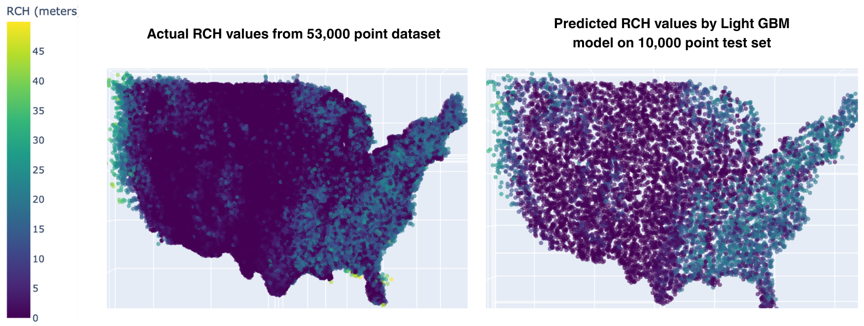 Figure 9: Geographic distribution of training samples and LightGBM predictions on the held-out set. High predicted RCH values cluster in forested and structurally dense regions, while lower values are more common in open terrain.