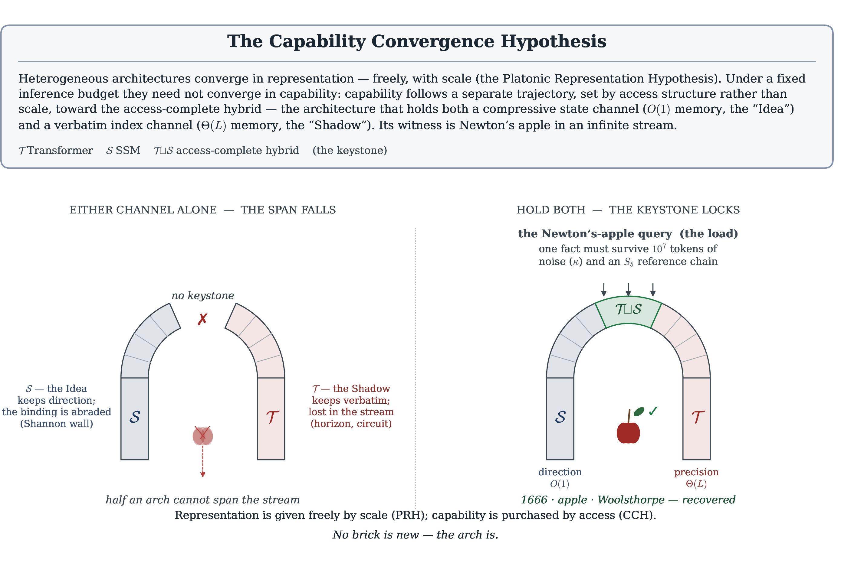 Figure 1: Overview of the Capability Convergence Hypothesis, in the spirit of PRH [1]. One metaphor, the arch: a compressive state channel \mathcal{S} (the “Idea,” O(1) memory) and a verbatim index channel \mathcal{T} (the “Shadow,” \Theta(L) memory). Left: either channel alone is a half-arch, barred by its wall (Shannon, horizon, or circuit; the first two unconditional, the third conditional on \mathrm{TC}^0\neq\mathrm{NC}^1); the Newton’s-apple query falls through. Right: the access-complete hybrid \mathcal{T}\sqcup\mathcal{S} is the keystone that locks the span, paying the \Theta(\rho L) index the capacity floor demands under the separability assumption of Section 2.10. Representational convergence is given freely by scale (PRH); capability convergence must be purchased by access structure (CCH).