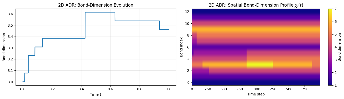 Figure 6: Bond-dimension diagnostics for the 2D ADR simulation. Left: mean bond dimension \bar{\chi}(t) over time, showing that the representation remains compact and stable. Right: spatial bond-dimension profile \chi_i(t) (heatmap), illustrating variation of MPS ranks along the tensor chain and over time. Uniformly small ranks confirm the intrinsically low-rank structure of the dynamics.