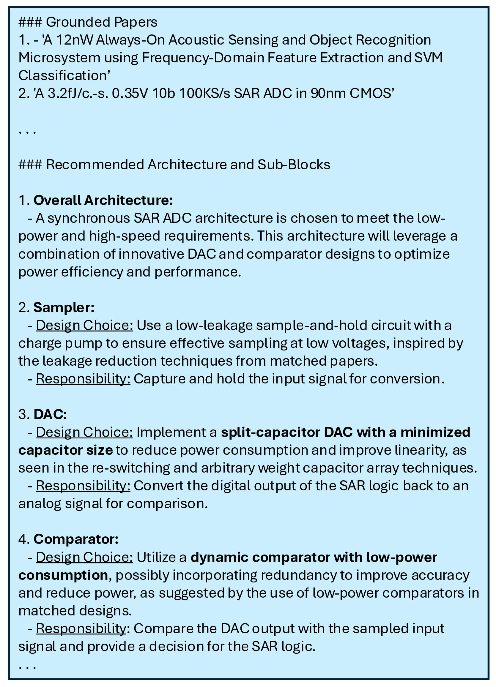 Figure 8: Illustration of the grounded papers and the detailed plan generated by the Planner LLM for the 8-bit SAR ADC. We highlight some of the key choices it recommends.