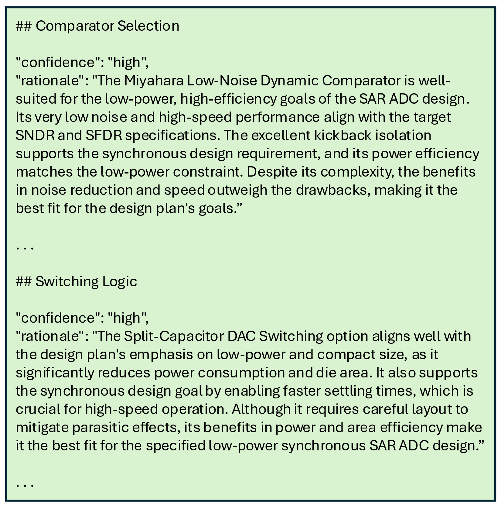 Figure 9: Illustrating the choices and the underlying rationale for template selection by our Selection LLM for the generation of the low-power 8-bit SAR ADC.