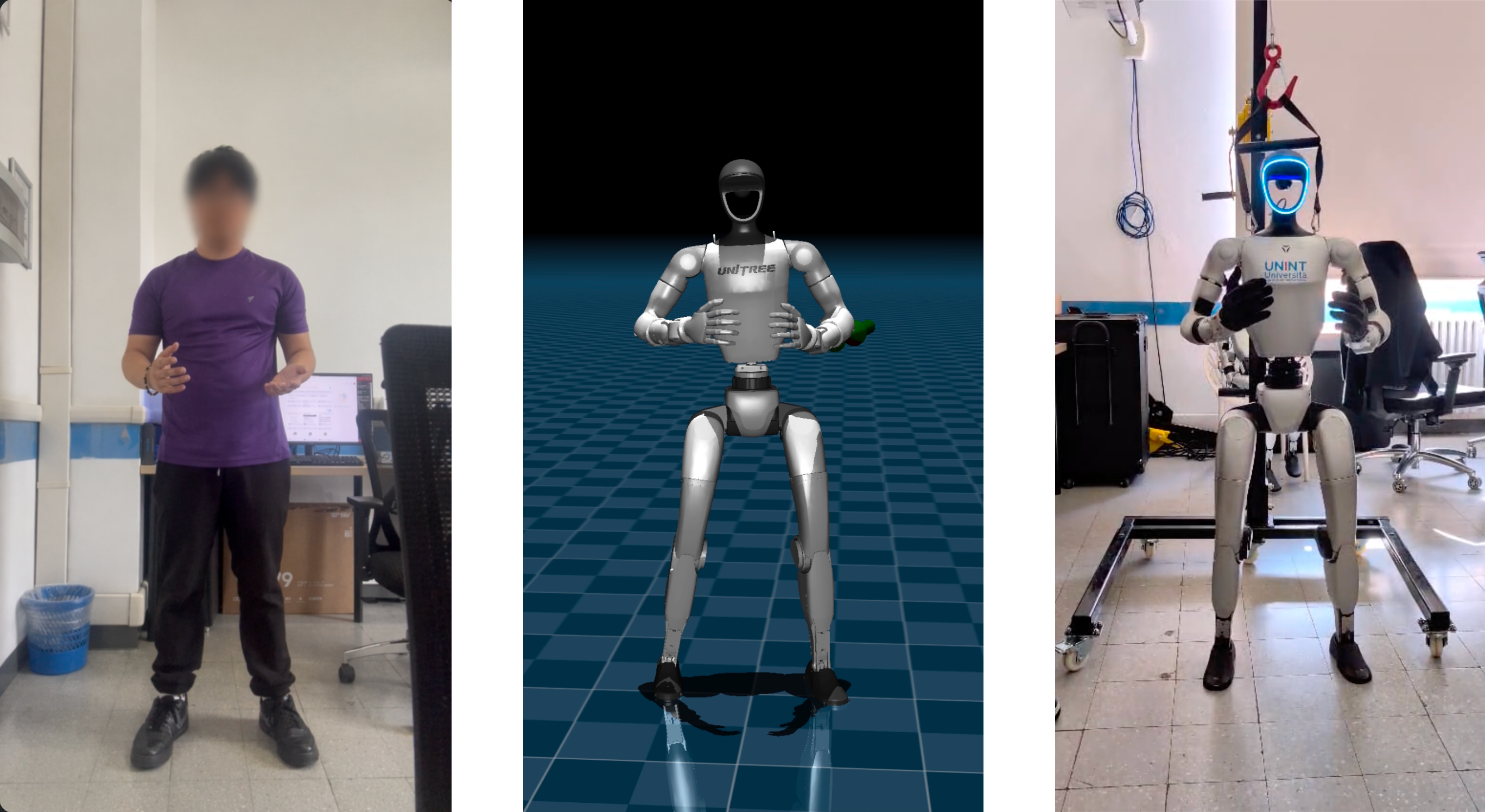 Figure 1: Example of human motion retargeting in simulation and real-world deployment on the Unitree G1 robot.