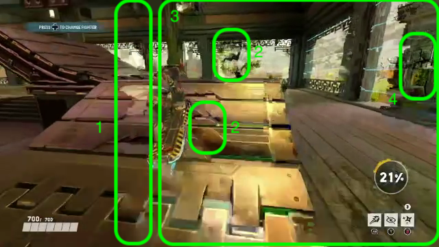 Figure 1: Streaming artifacts appearing under artificially induced network lag, simulating a low‑bandwidth user connection. The green numbered regions highlight common temporally correlated artifacts that appear in bursts and persist across consecutive frames: (1) a vertical scrub/partial-frame corruption band (a pixelated strip spanning the frame height), (2) localized macroblock pixelation where compression blocks obscure scene details, (3) global fuzziness/blur consistent with transient bitrate drops, and (4) ghosting/temporal smearing where remnants of previous frames linger as patches or trails.