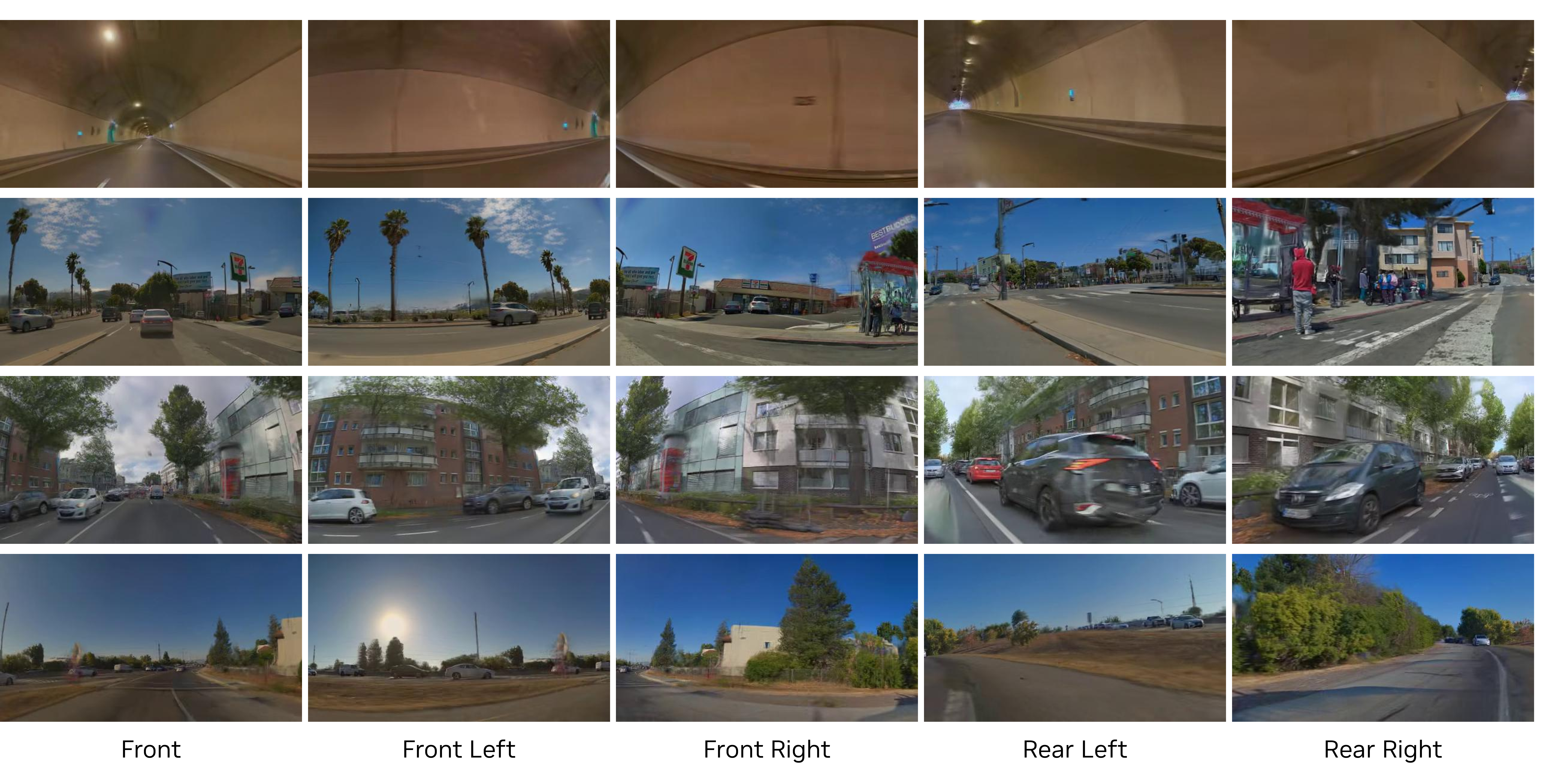 Figure 5: Multi-camera surround-view reconstruction. From a five-camera input rig, Instant NuRec jointly reconstructs the full surround view. Each row shows a different scene, and the rendered views remain consistent in appearance and geometry across overlapping cameras.