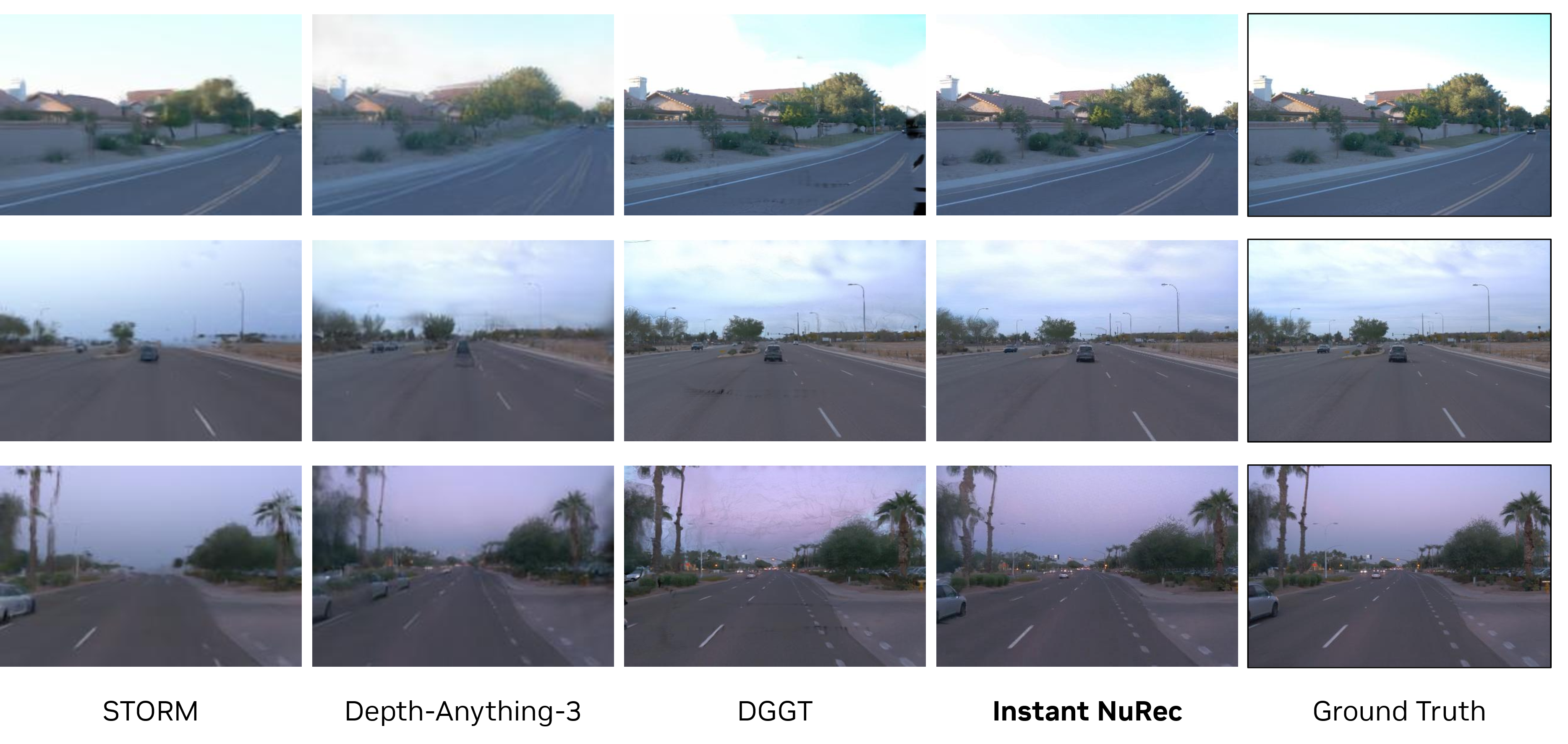 Figure 3: Qualitative comparison on the Waymo Open Dataset. Novel-view synthesis results for held-out target frames from the validation set. Compared with recent feed-forward baselines, Instant NuRec produces sharper imagery and better-preserved thin structures.