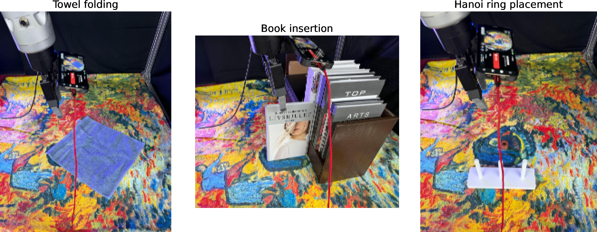 Figure 9: Generalization task settings. The three panels show the towel folding, book insertion, and Hanoi ring placement setups used for shifted-condition evaluation.