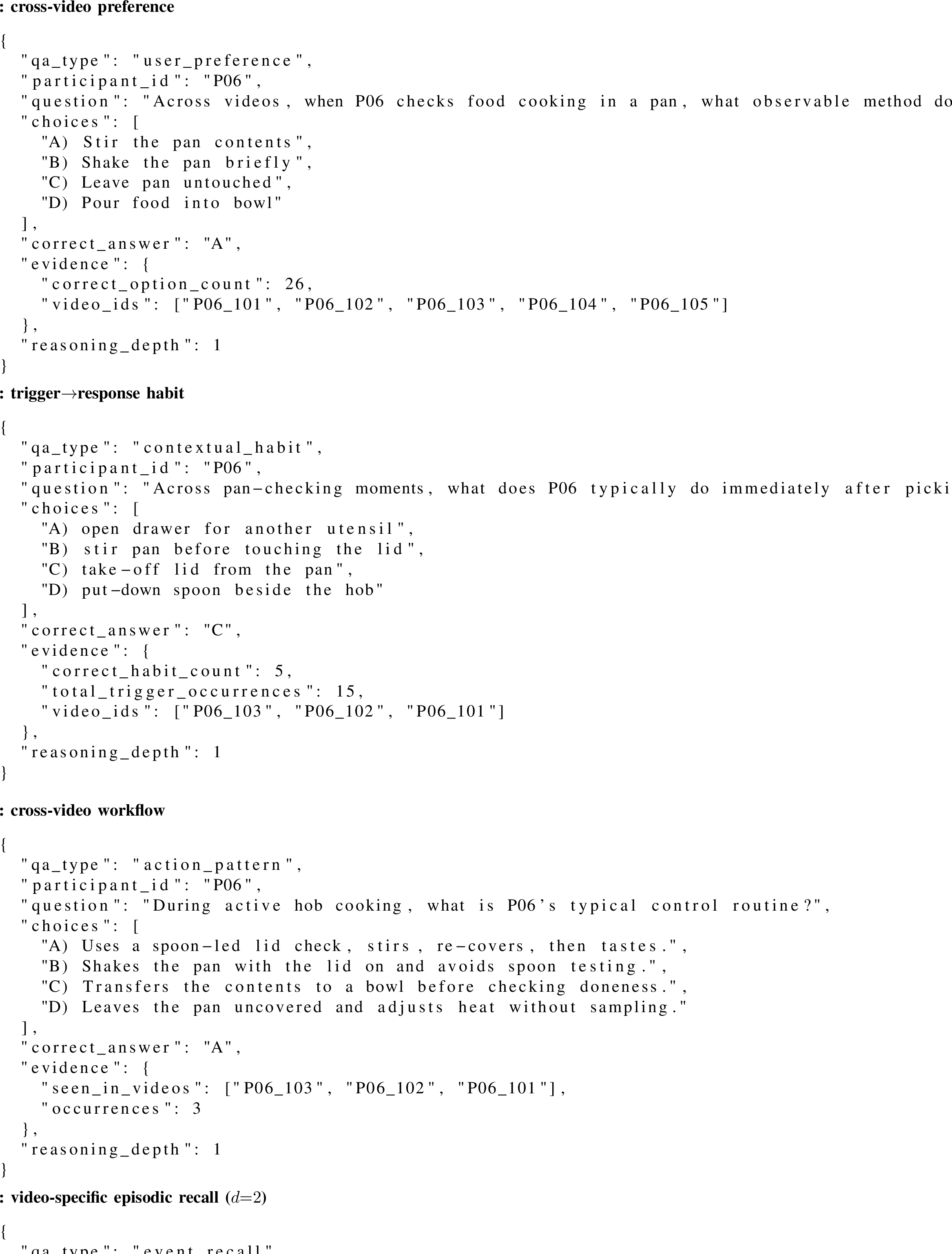 Figure 12: Released Embodied Memory items (P06).Left column: SPref and SRoutine; right column: SHabit and ERecall.Option E (information not available) is appended at evaluation; it is omitted from the stored release JSON.