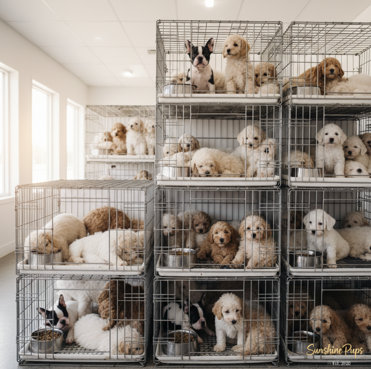 Figure 4: A synthetic image generated based on the Architect’s puppy mill hypothesis. While one rater initially classified the image as compliant due to its clean aesthetic, the subsequent debate and jury process correctly settled on a violating label.