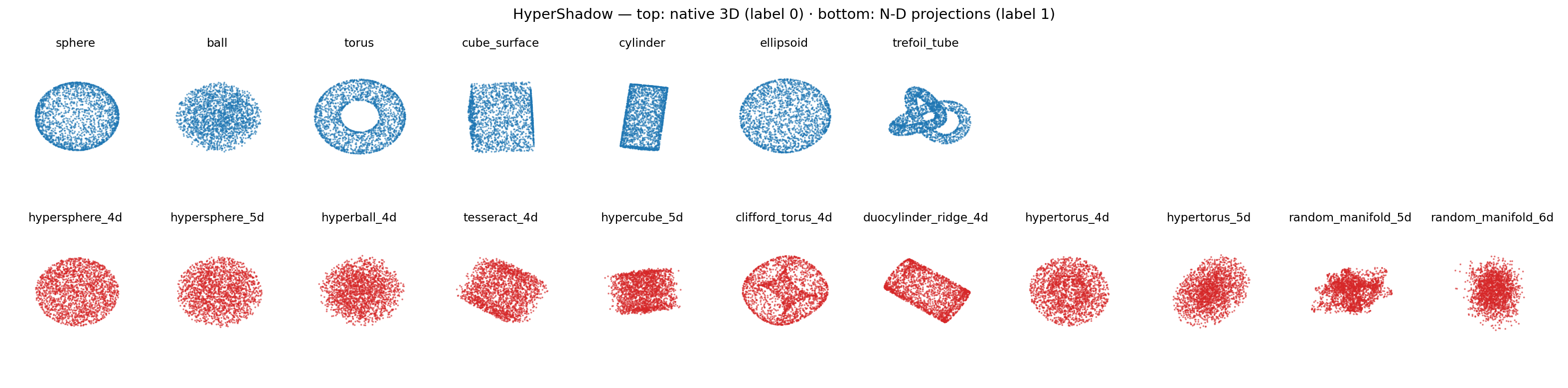 Figure 5: One sample per family (clean tier). Top: native 3D (label 0). Bottom: orthographic shadows of higher-dimensional objects (label 1). Visible signatures include the filled ball of the S^3 shadow, the astroid-shaped density fold of the Clifford torus, and the nested-cell structure of the tesseract.