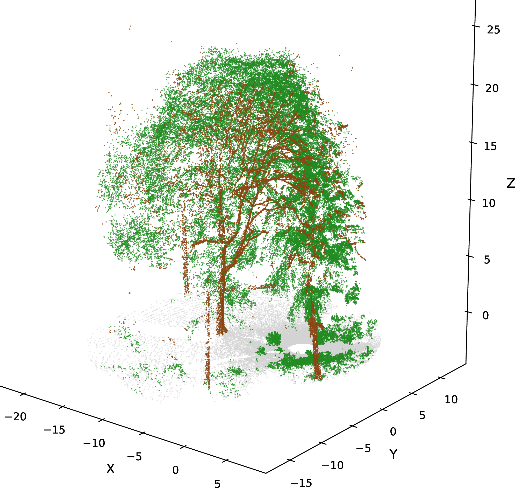 Figure 1: Terrestrial LiDAR point cloud of a forest scene collected in Washington State. The point cloud contains 798,452 labeled points belonging to three semantic classes: ground, trunk/branches, and canopy, shown in gray, brown, and green, respectively. The dataset was collected by Dr. Jonathan Batchelor while a member of the Remote Sensing and Geospatial Analysis Laboratory (RSGAL) under the direction of Dr. L. Monika Moskal at the University of Washington. Although the original LiDAR data include additional attributes such as intensity, return number, scan angle, GPS time, and RGB values, only the spatial coordinates (x,y,z) are used in the experiments.