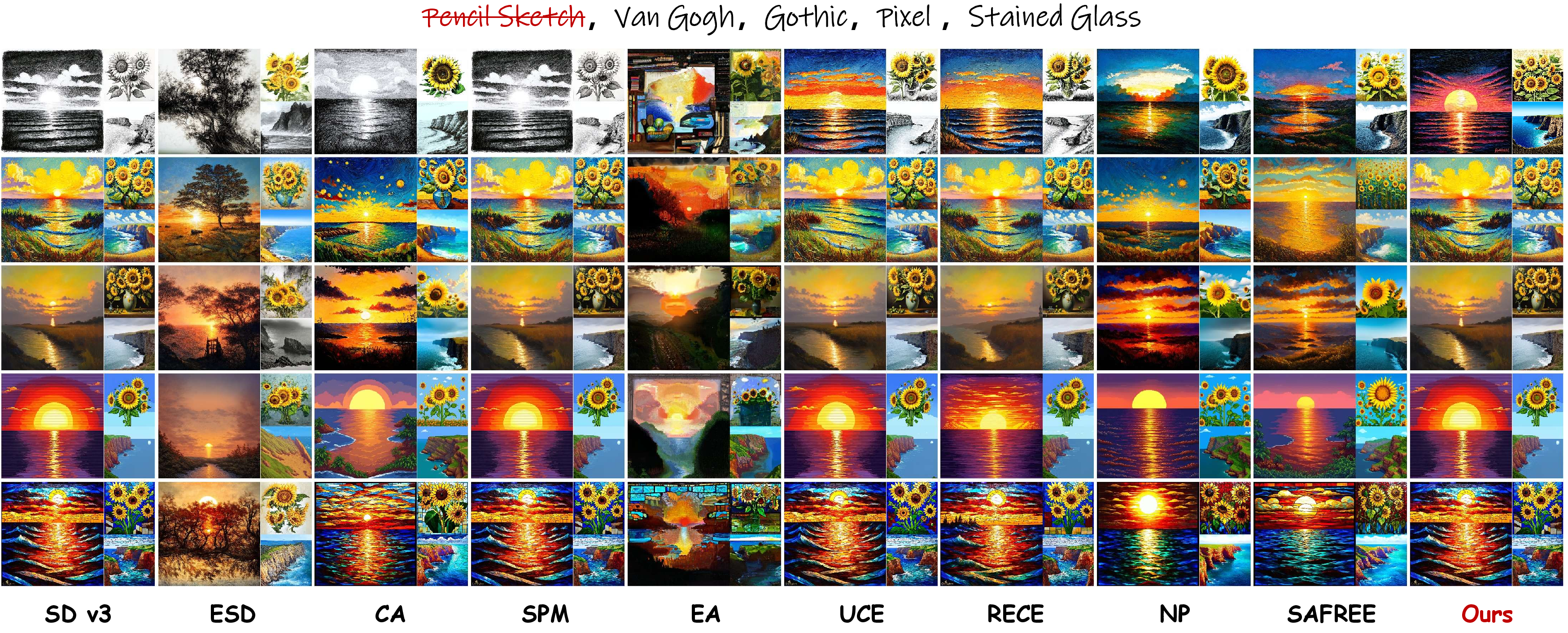 Figure 20: Style erasure on SD v3 targeting “Pencil Sketch” with prior preservation for other styles, specifically “Van Gogh”, “Gothic”, “Pixel”, and “Stained Glass”. Uni-AdaVD removes the target style while largely maintaining the semantic content and non-target styles.
