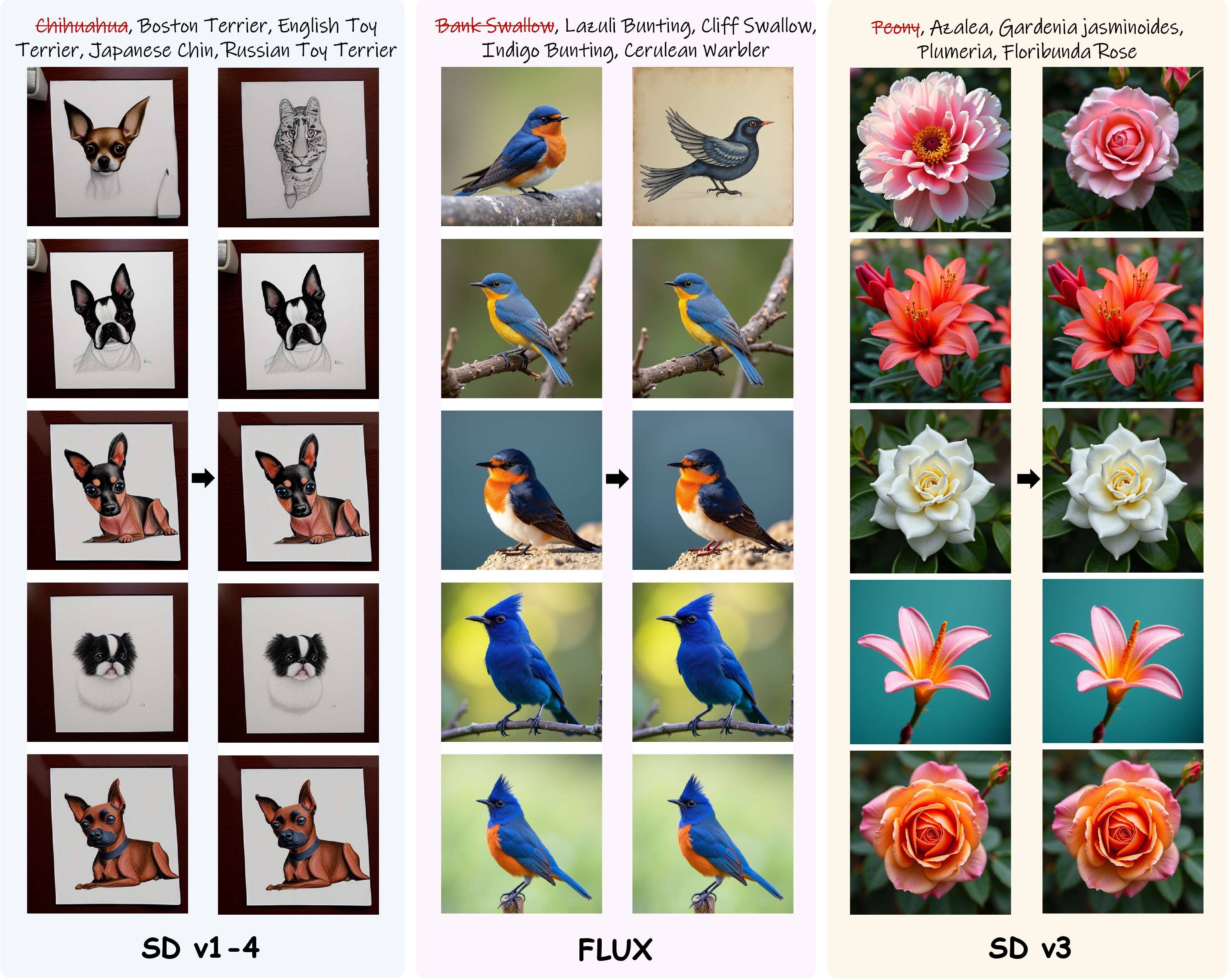 Figure 18: Qualitative evaluation of neighbor concept erasure across SD v1-4, FLUX, and SD v3. Uni-AdaVD mitigates the target concepts (marked in red) while largely preserving the visual characteristics of neighboring categories, such as related dog breeds, bird species, and flowers.