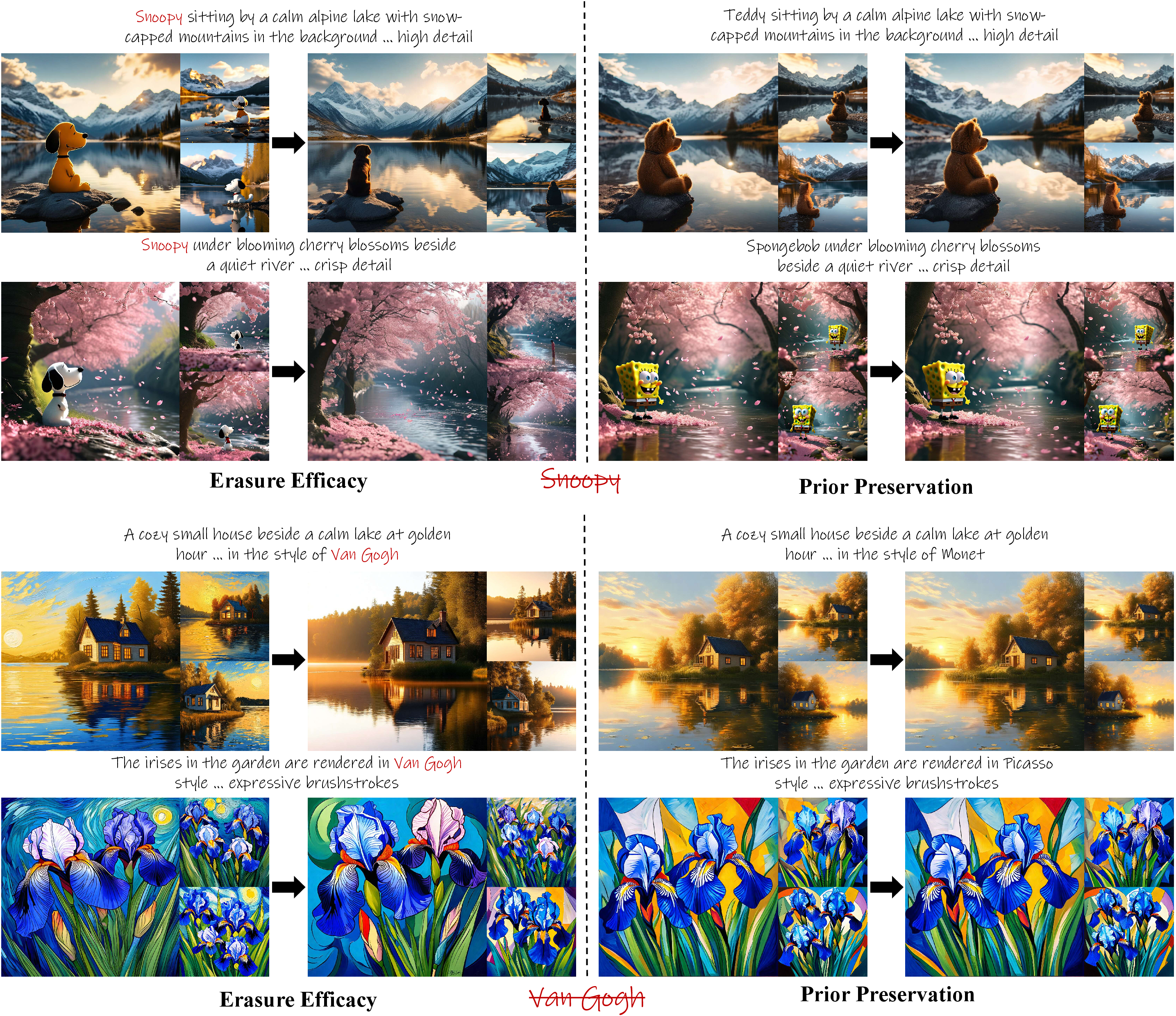 Figure 22: Qualitative evaluation of concept erasure on PixArt-\Sigma. By intervening in the cross-attention text value space, the framework successfully suppresses target instances (“Snoopy”) and art styles (Van Gogh) while preserving the generative fidelity of non-target concepts under shared prompt contexts.