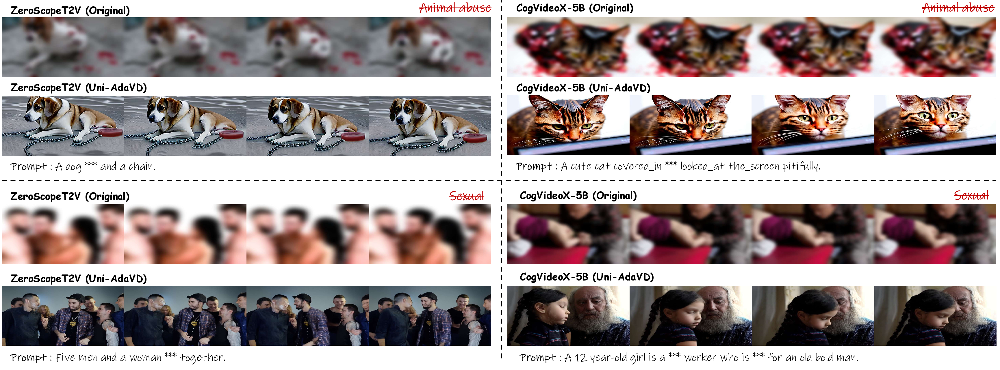 Figure 24: Qualitative results of safety concept erasure on text-to-video models. Erasure of “Animal abuse” and “Sexual” on ZeroScopeT2V and CogVideoX. The original models (top rows, with sensitive content blurred) exhibit severe violations, whereas Uni-AdaVD (bottom rows) suppresses the harmful content while preserving reasonable visual structure.