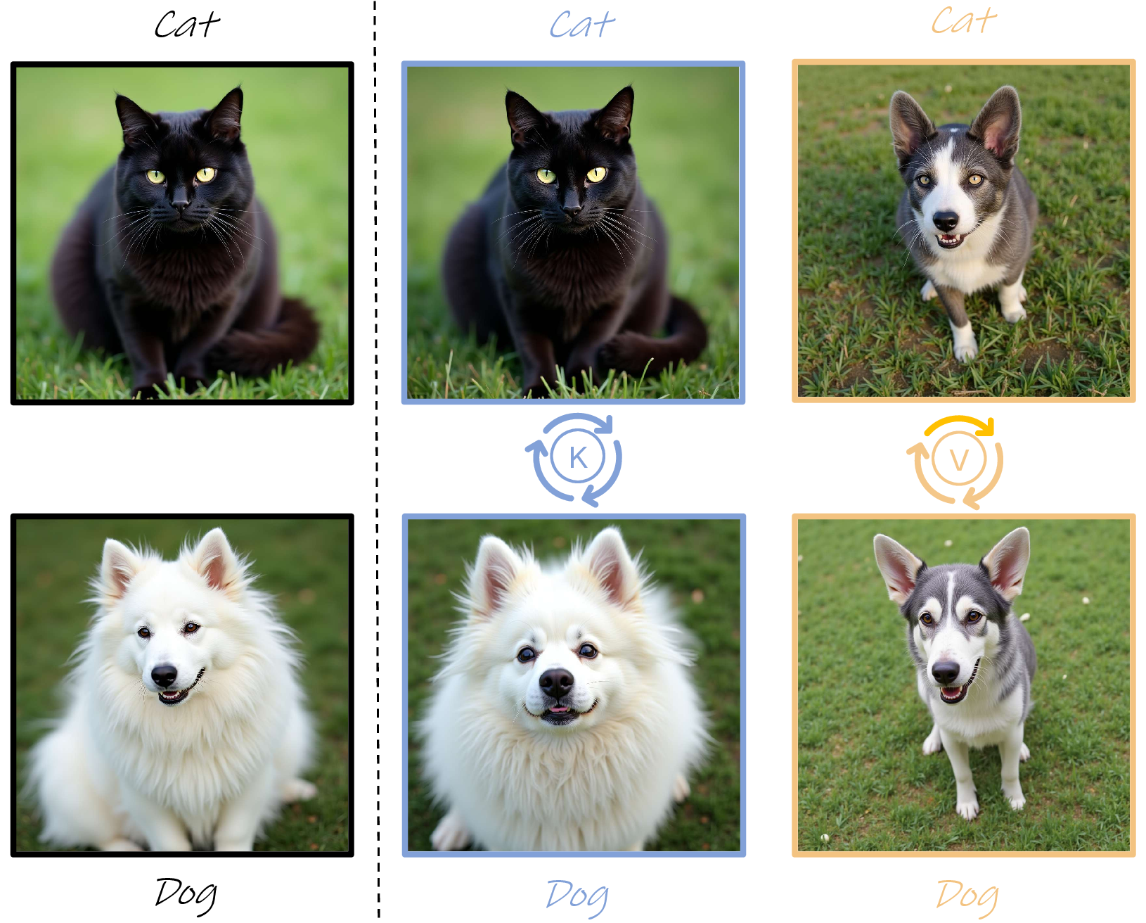 Figure 1: Value-space analysis in FLUX joint attention. Swapping the blue \mathbf{KEY} sequences causes limited semantic change, whereas swapping the orange \mathbf{VALUE} sequences changes the concept identity between “Cat” and “Dog,” supporting value-space intervention.